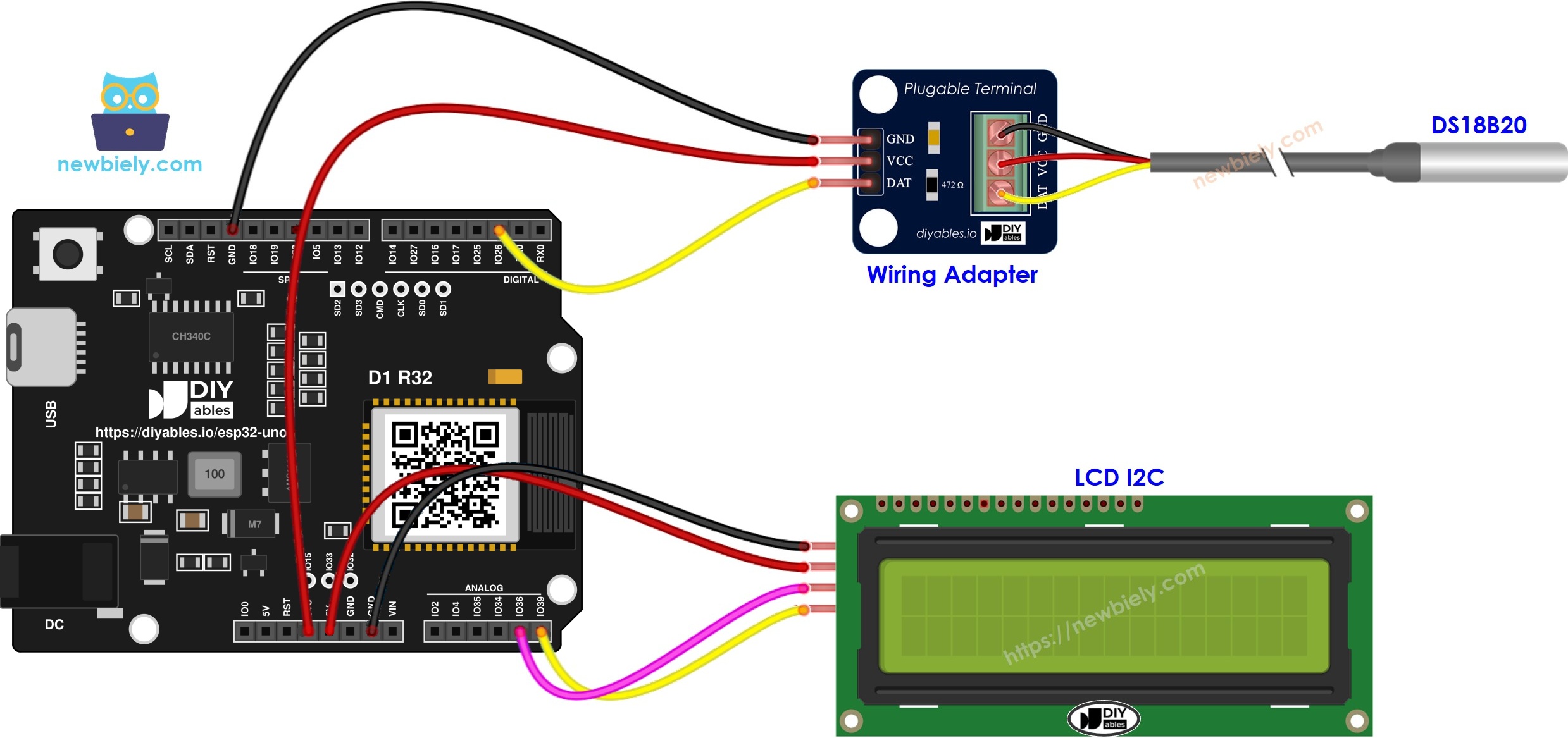 The wiring diagram between ESP32 Uno Temperature Sensor LCD