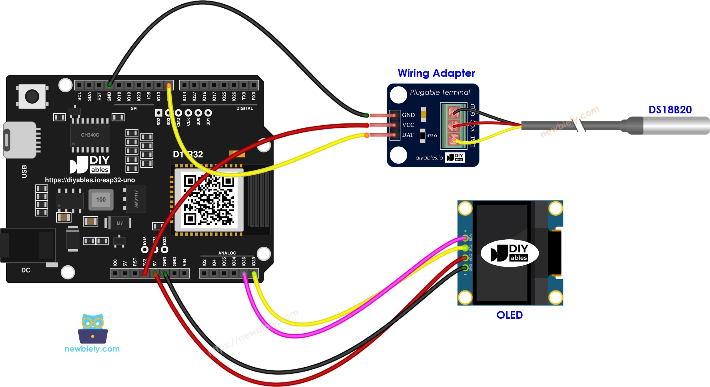 The wiring diagram between ESP32 Uno DS18B20 Temperature Sensor OLED