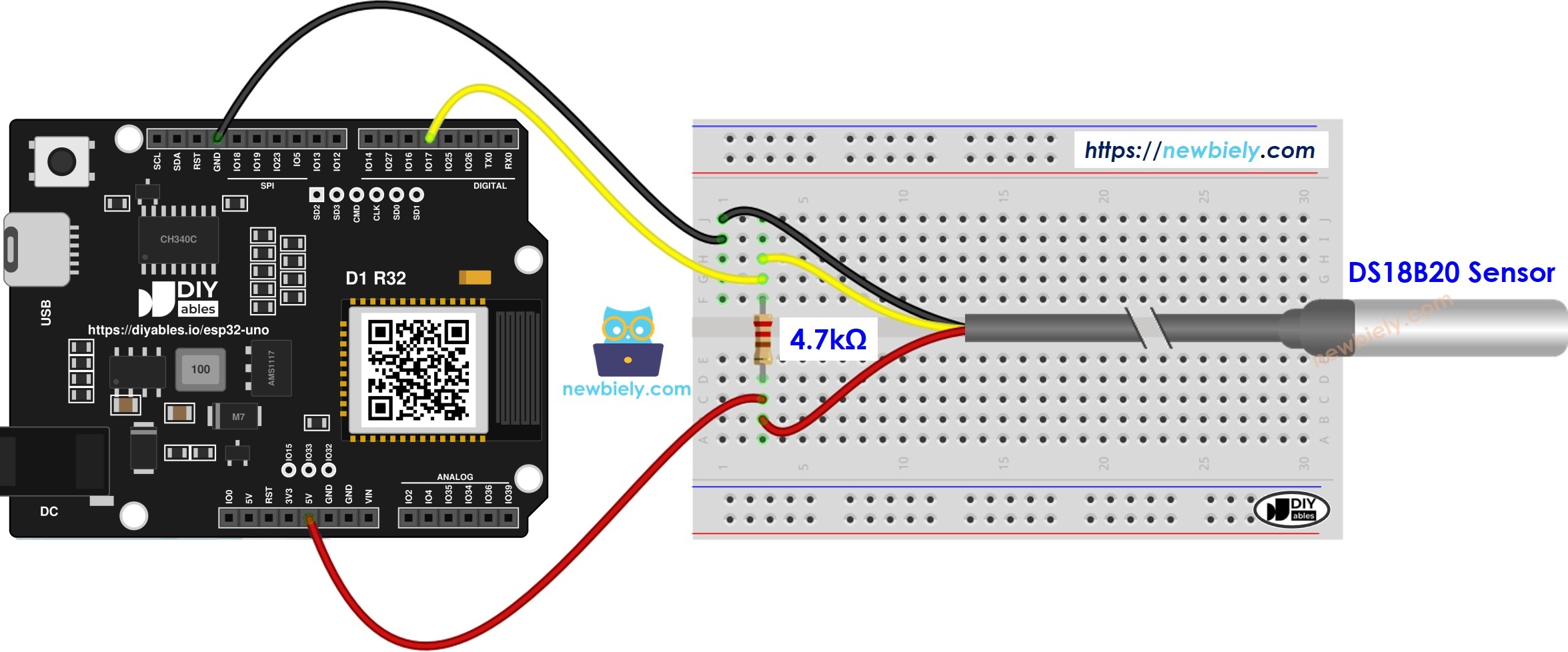 The wiring diagram between ESP32 Uno Temperature Sensor