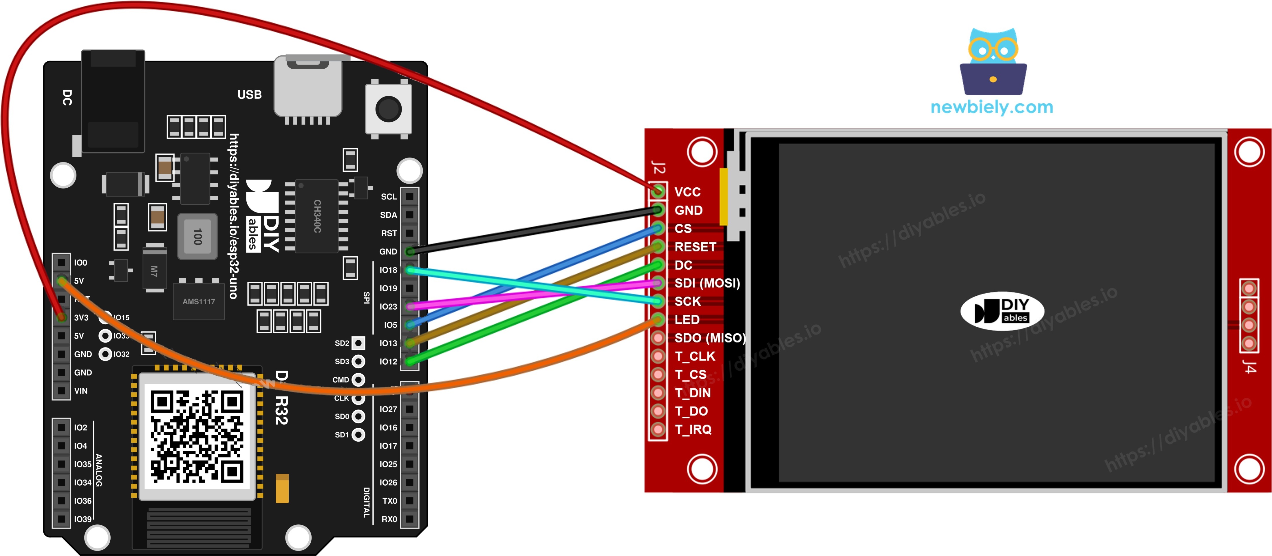 The wiring diagram between ESP32 Uno TFT SPI Display  without touch