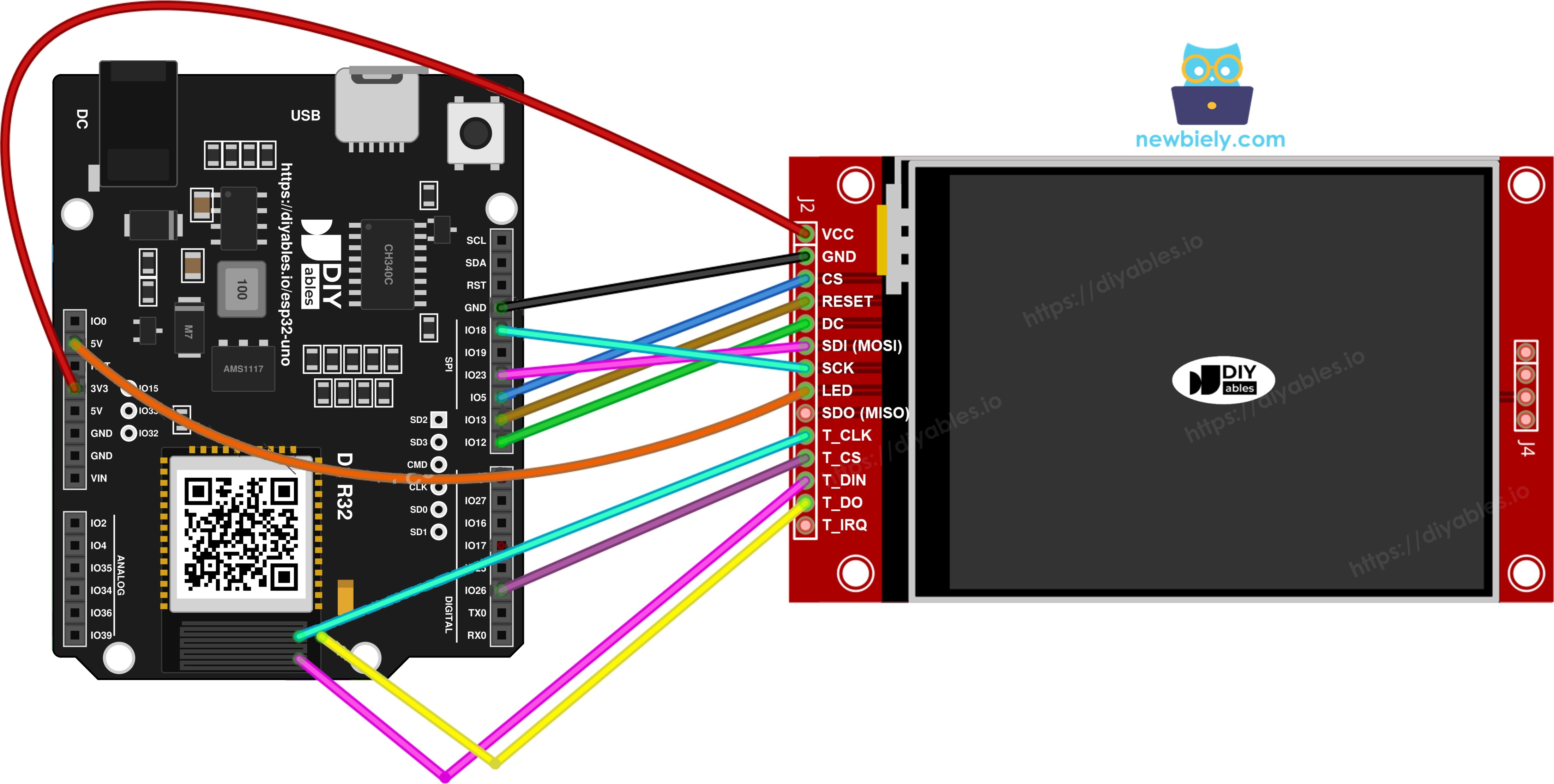The wiring diagram between ESP32 Uno TFT SPI Display  with touch