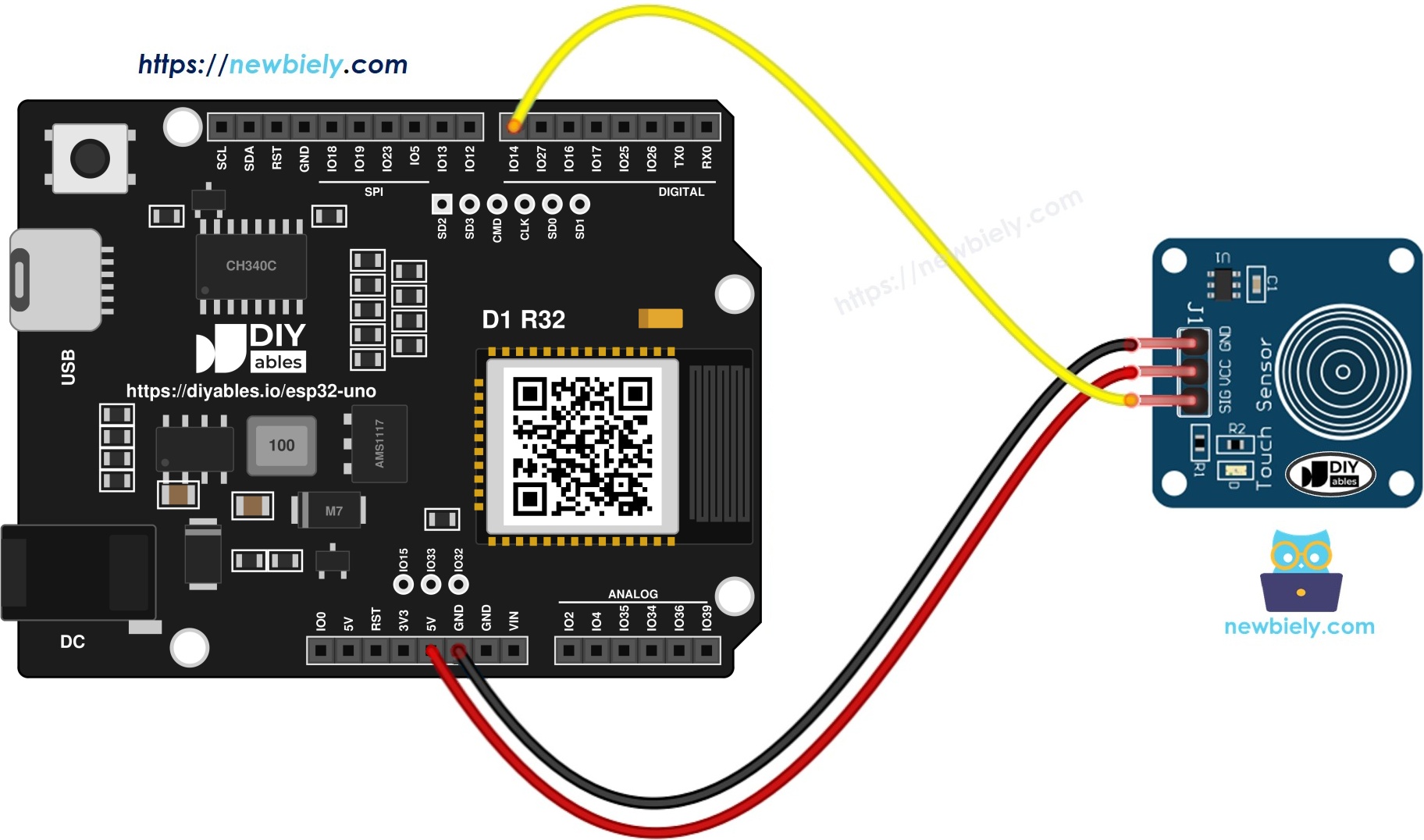 The wiring diagram between ESP32 Uno Touch Sensor