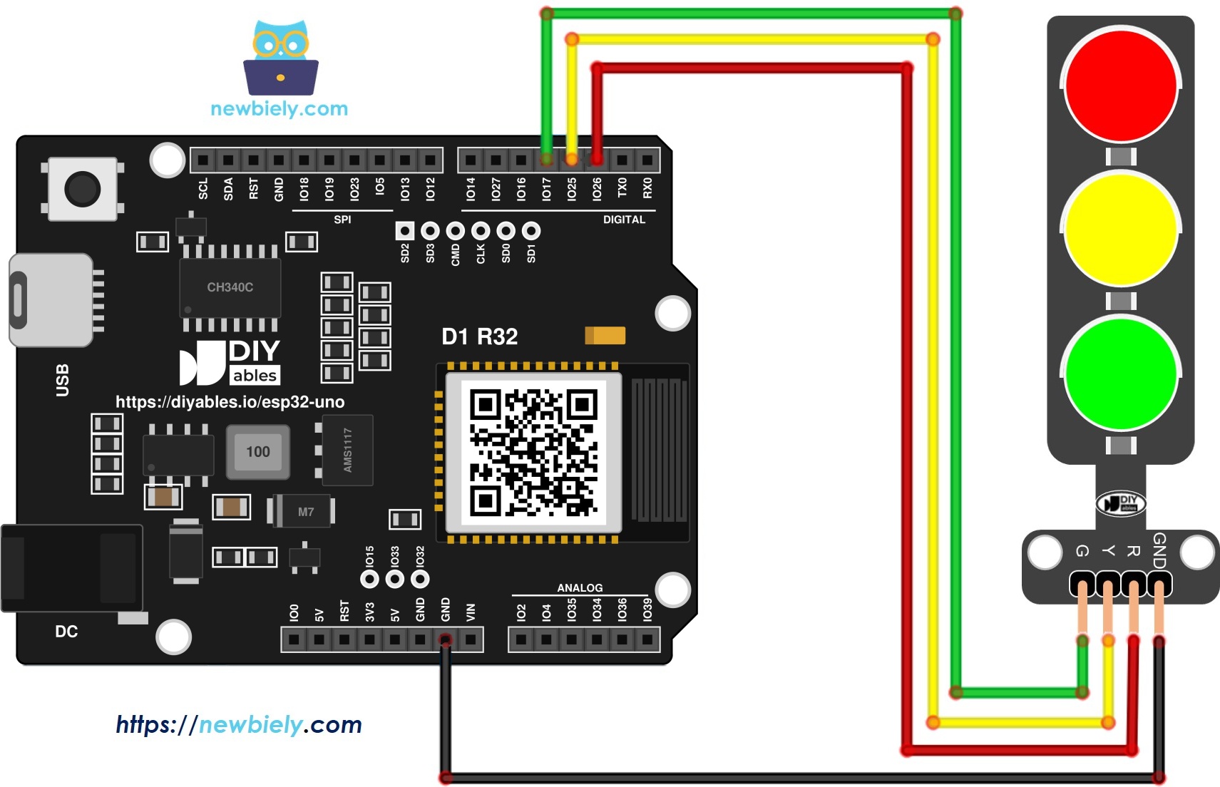 The wiring diagram between ESP32 Uno traffic light