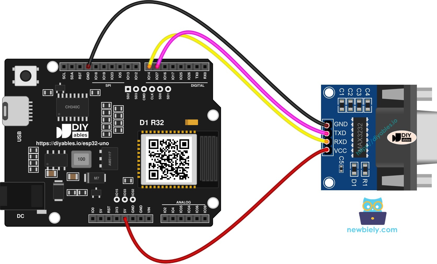 The wiring diagram between ESP32 Uno RS232 to TTL