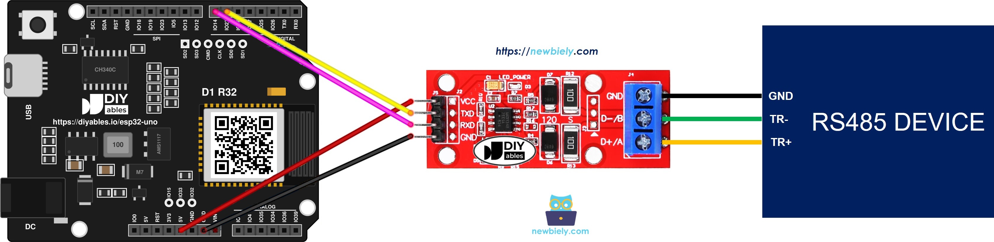 The wiring diagram between ESP32 Uno RS-485 to TTL