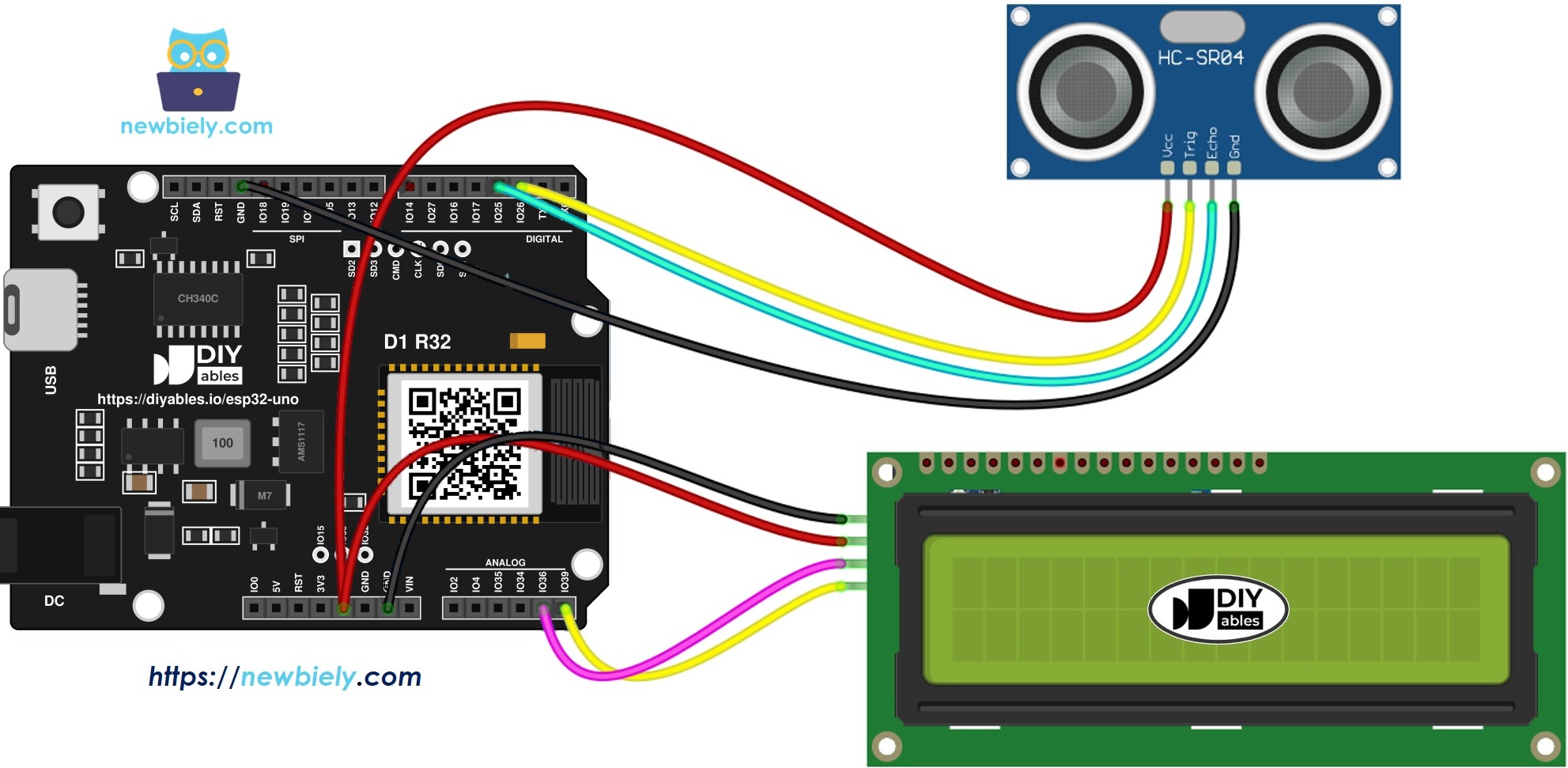 The wiring diagram between ESP32 Uno Ultrasonic Sensor LCD