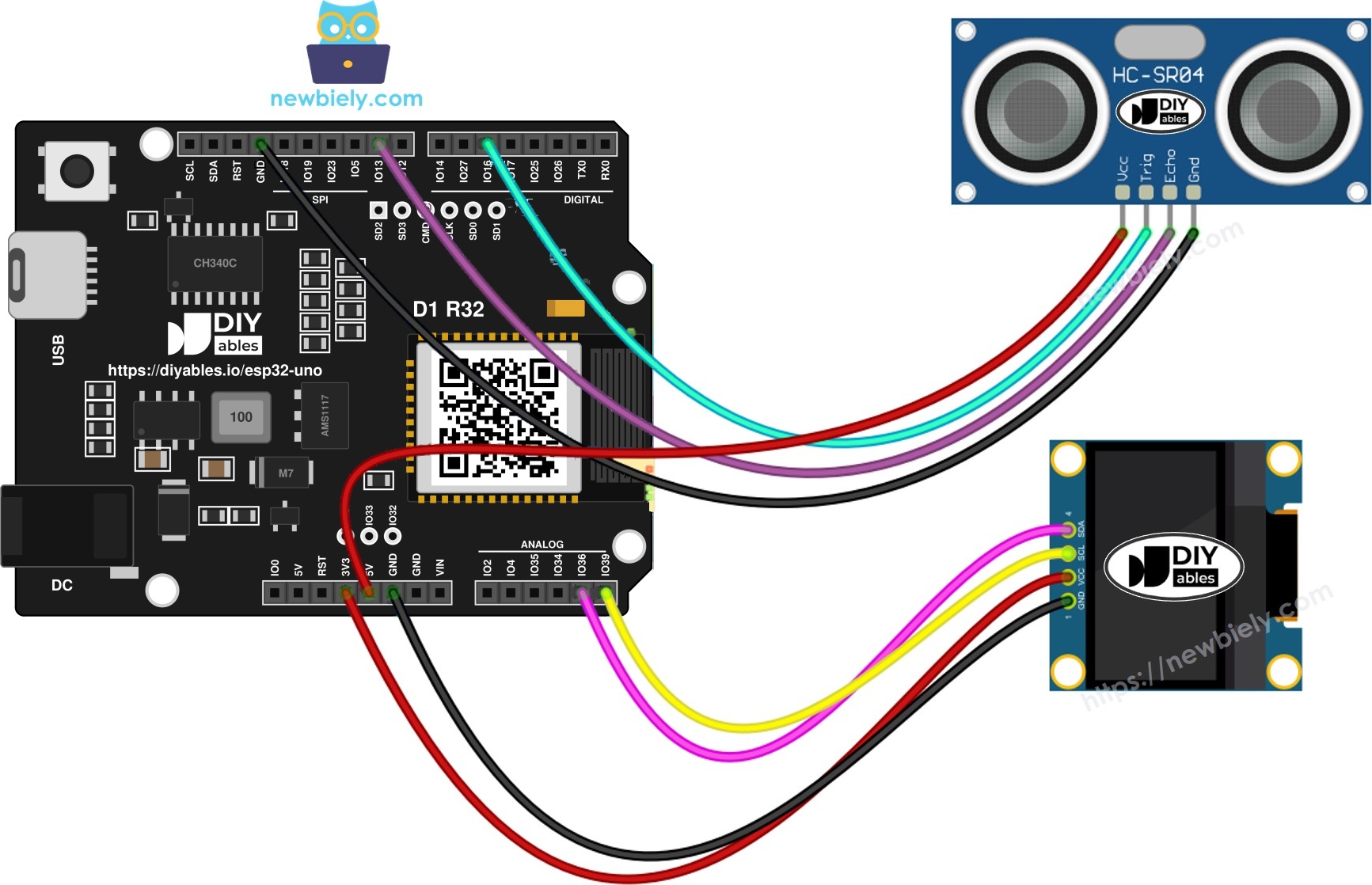 The wiring diagram between ESP32 Uno Ultrasonic Sensor OLED