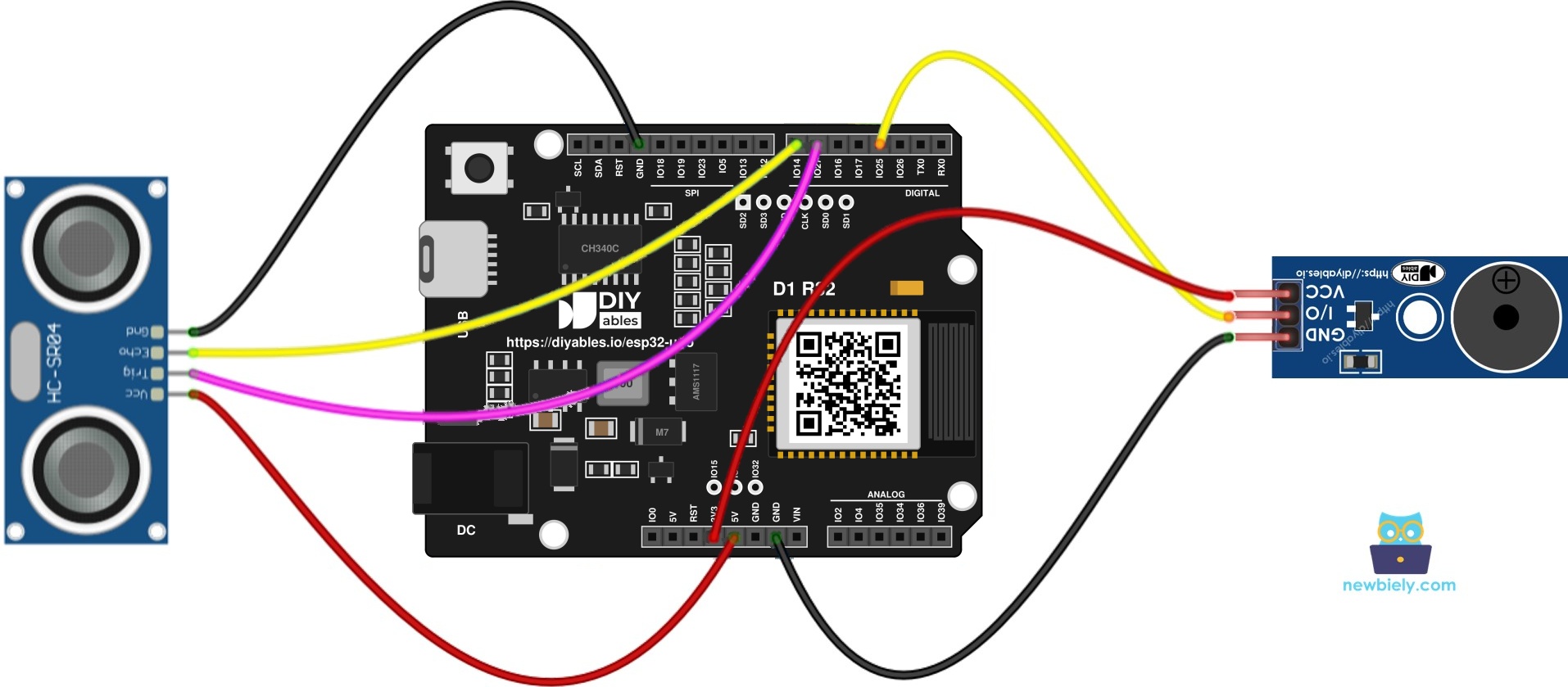 The wiring diagram between ESP32 Uno ultrasonic sensor piezo buzzer module