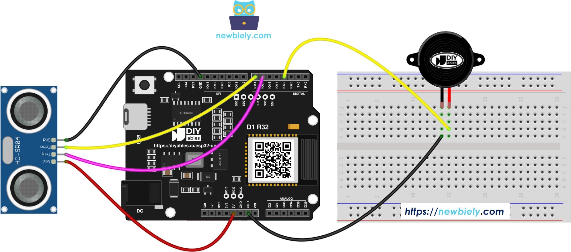 The wiring diagram between ESP32 Uno ultrasonic sensor piezo buzzer