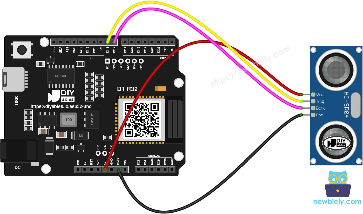 The wiring diagram between ESP32 Uno Ultrasonic Sensor