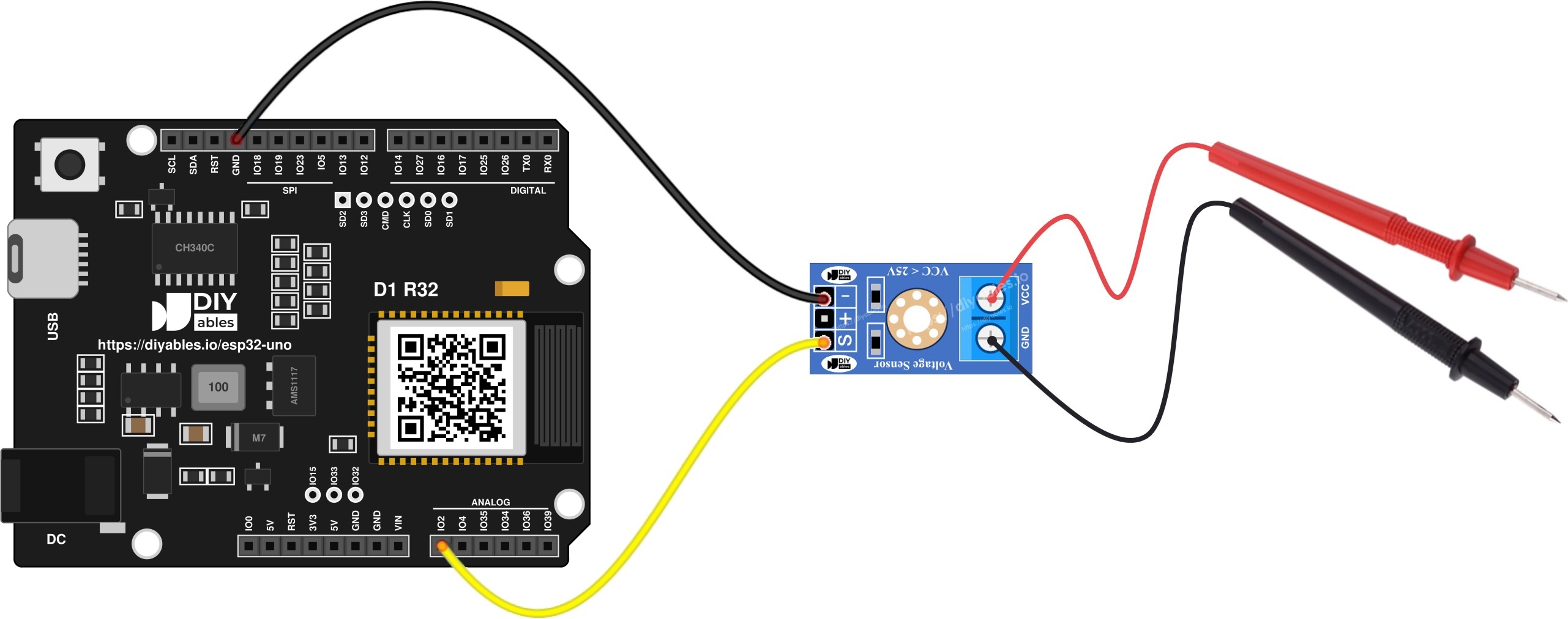 The wiring diagram between ESP32 Uno voltage sensor