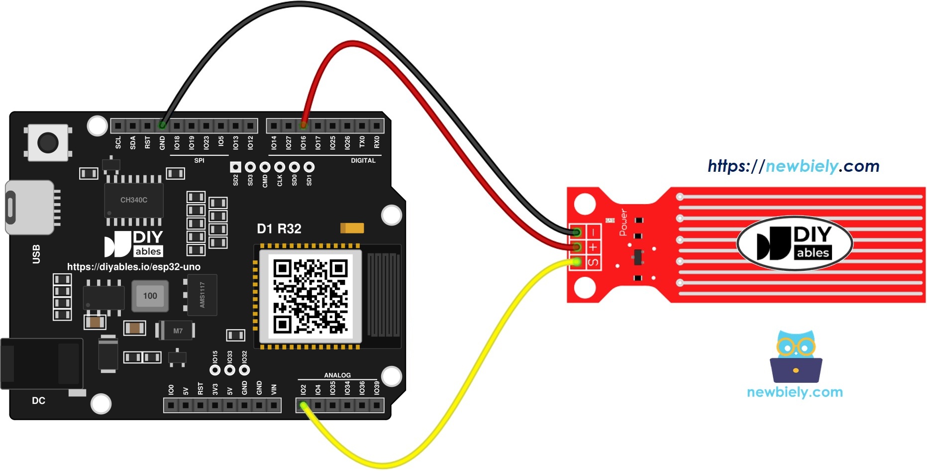 The wiring diagram between ESP32 Uno Water Sensor