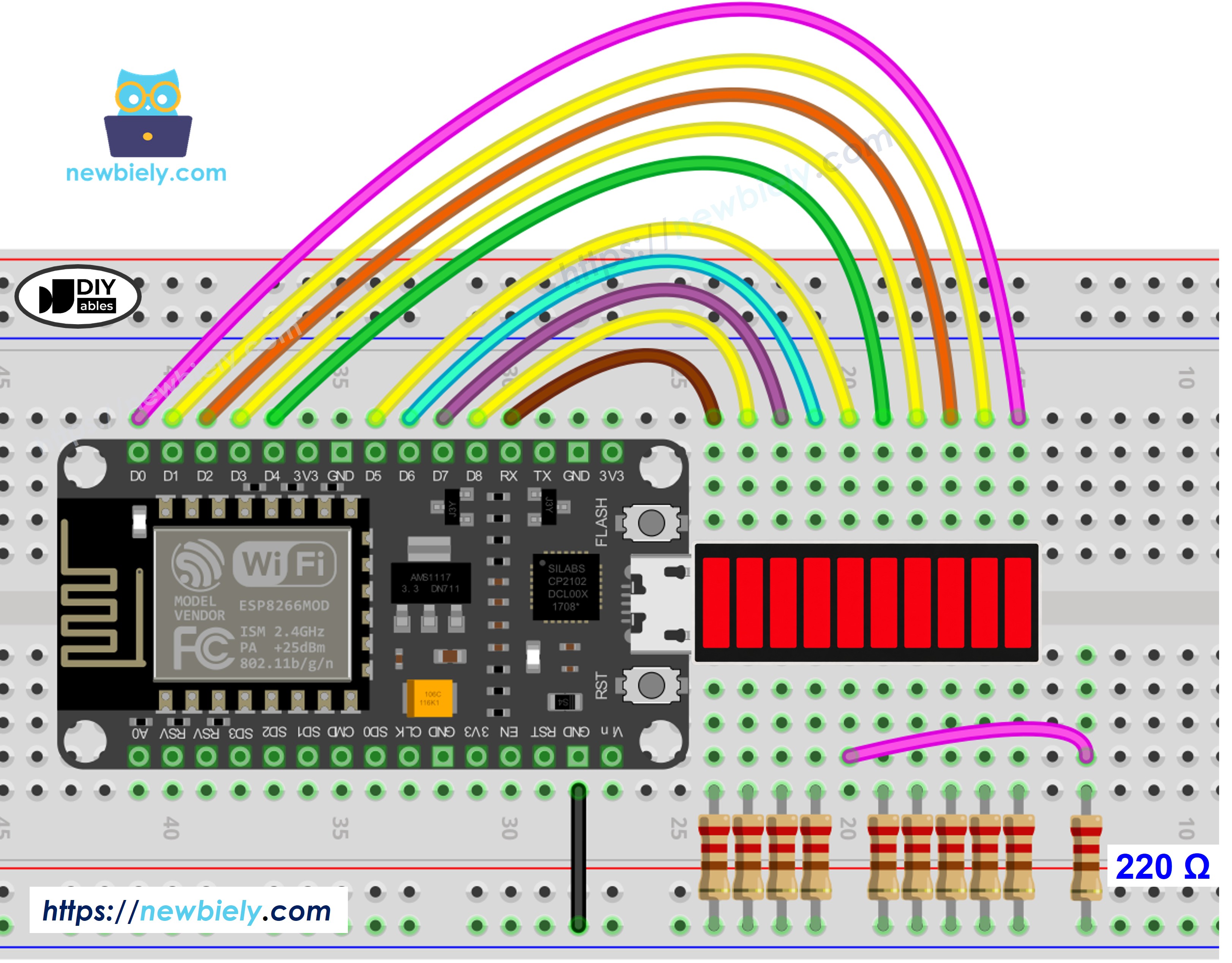 The wiring diagram between ESP8266 NodeMCU and NodeMCU and 10 Segment LED Bar Graph