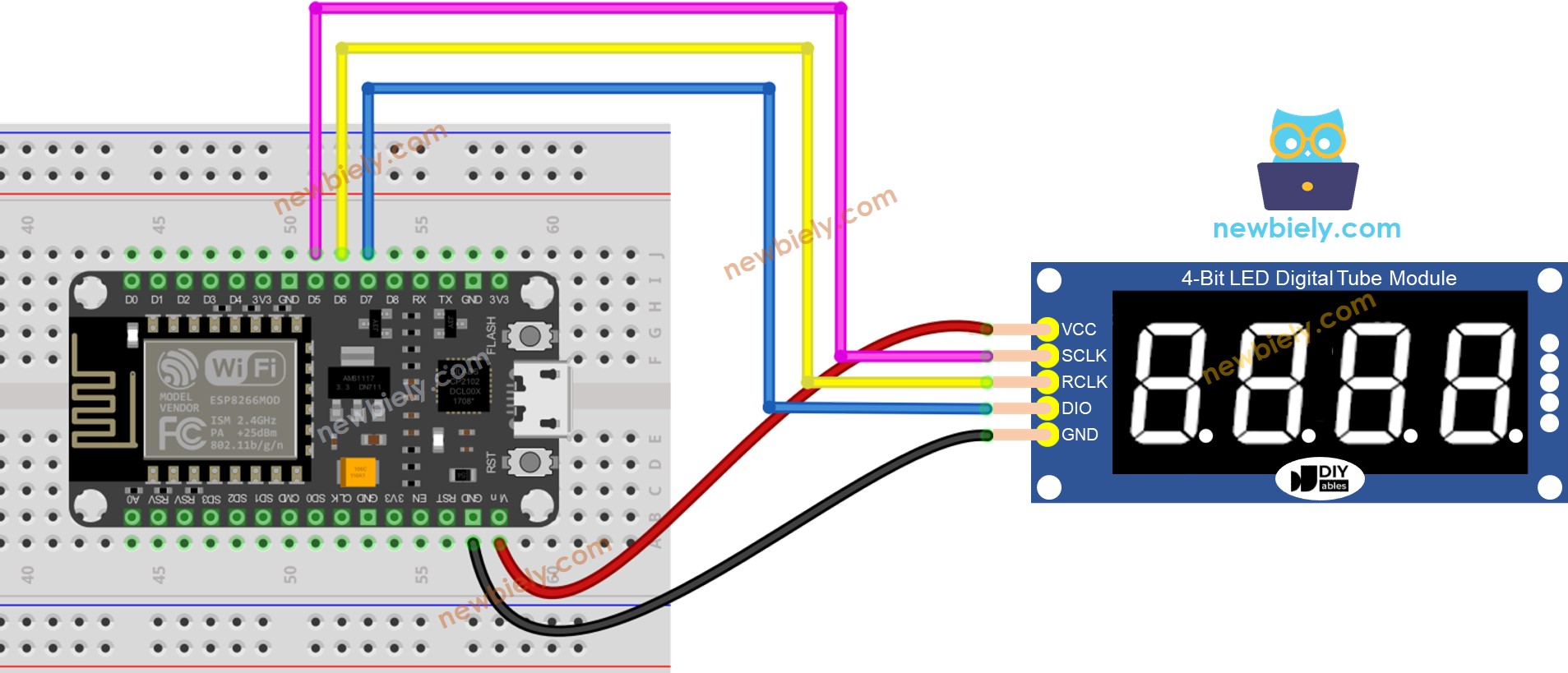 The wiring diagram between ESP8266 NodeMCU and 74HC595 Module