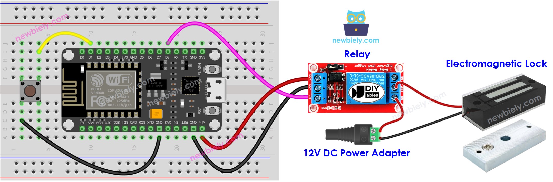 The wiring diagram between ESP8266 NodeMCU and Button Electromagnetic Lock