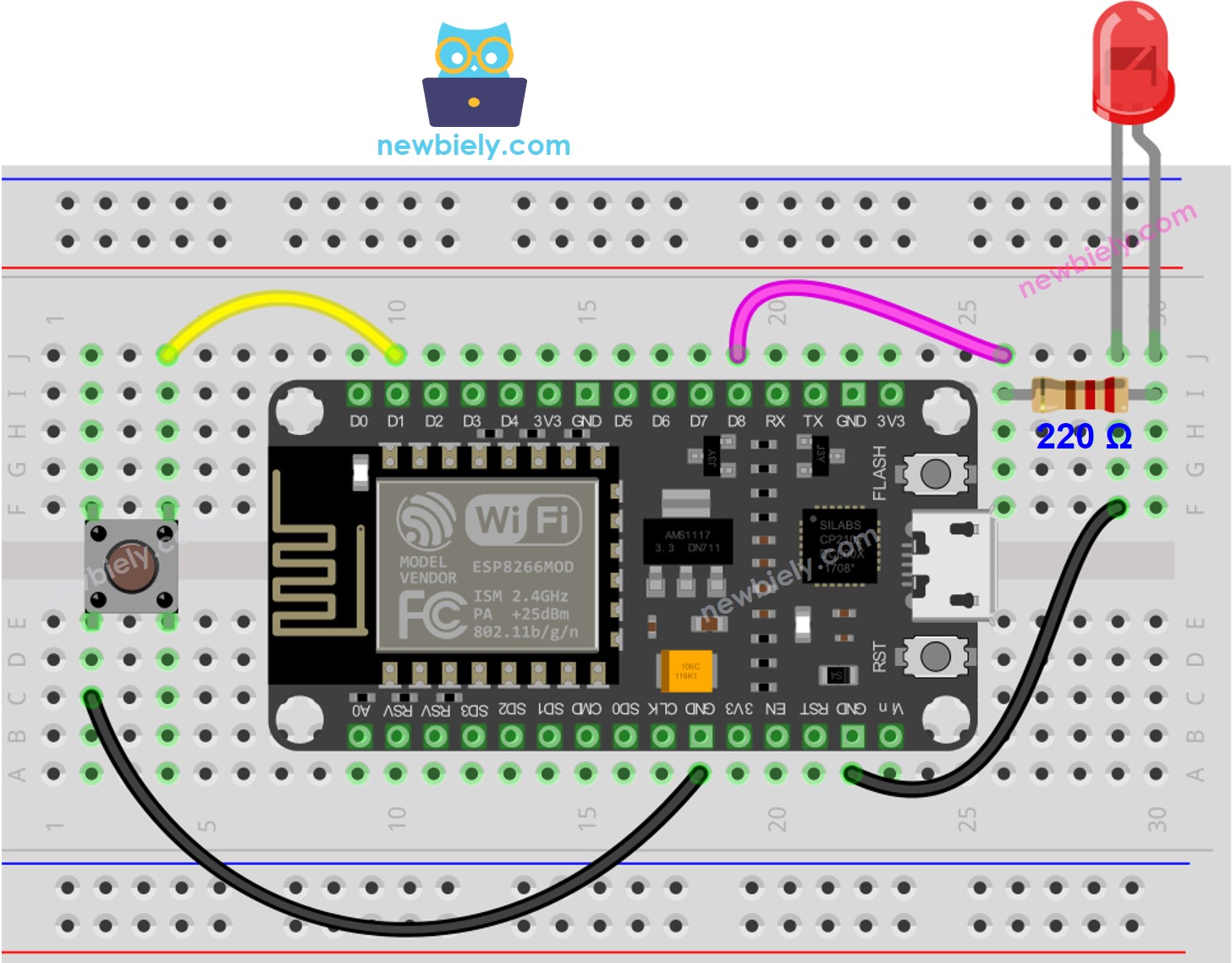 The wiring diagram between ESP8266 NodeMCU and Button LED