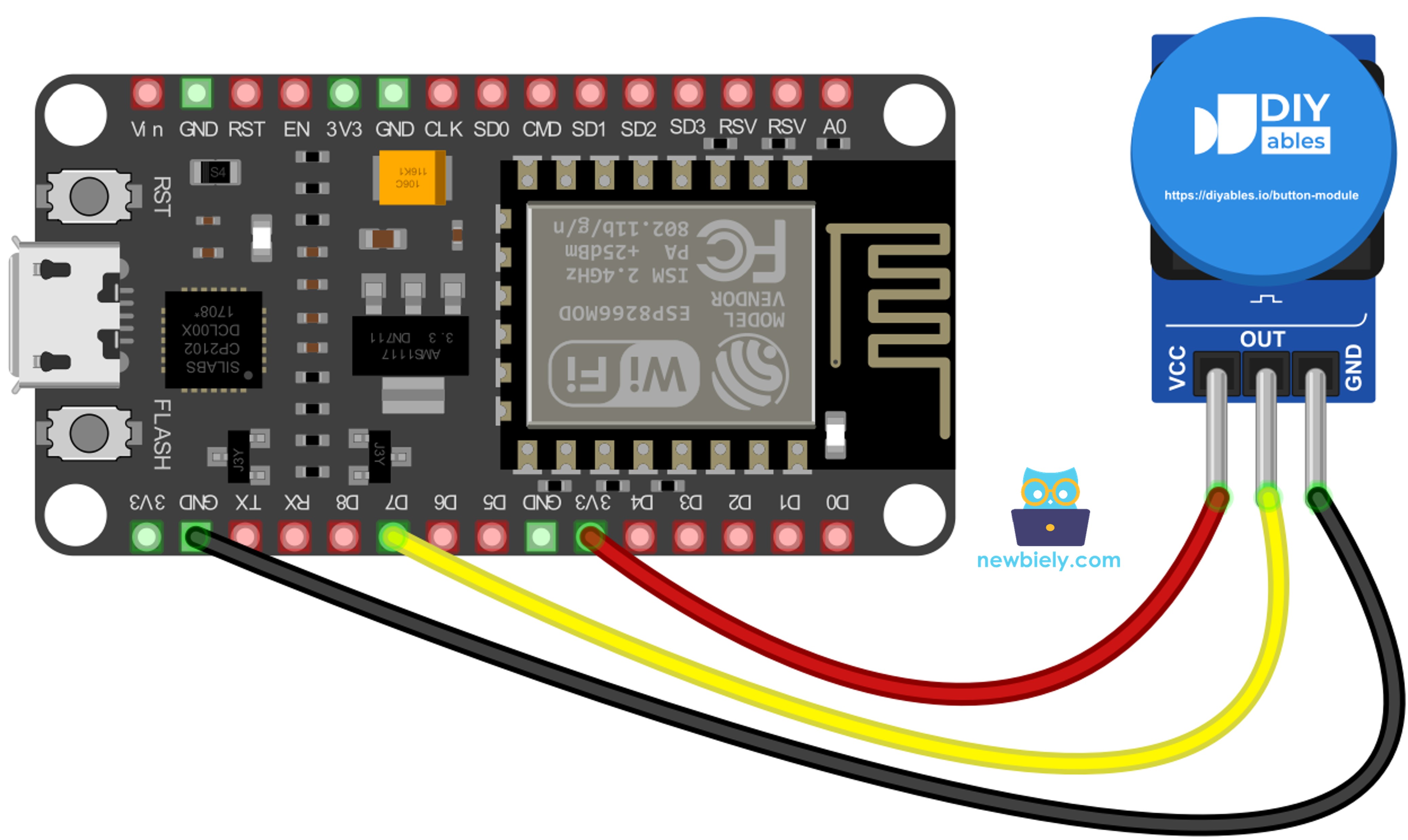 The wiring diagram between ESP8266 NodeMCU and NodeMCU button module