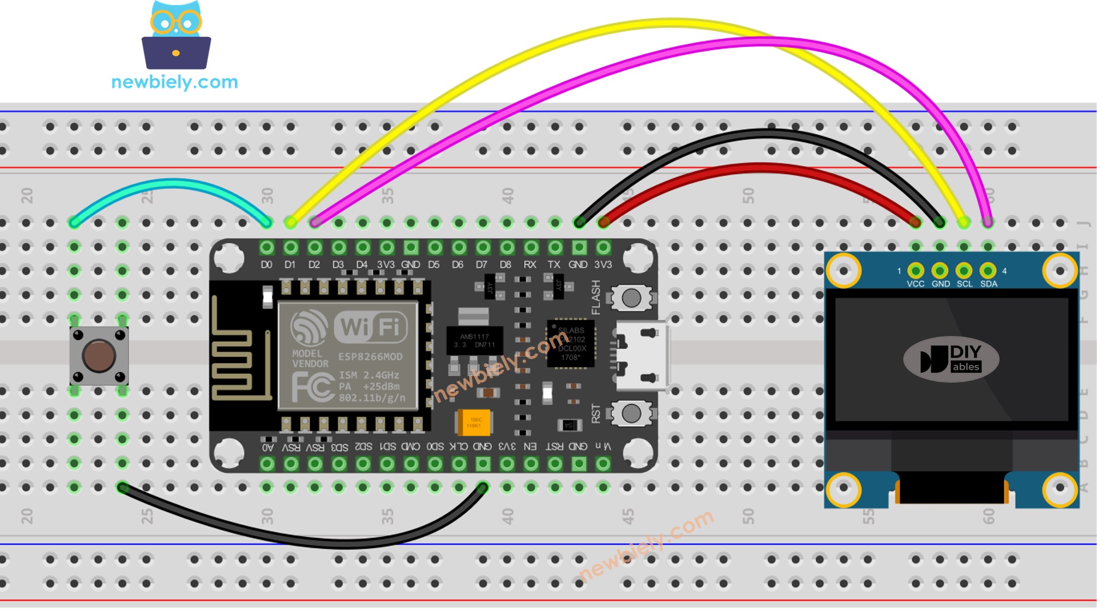 The wiring diagram between ESP8266 NodeMCU and Button OLED