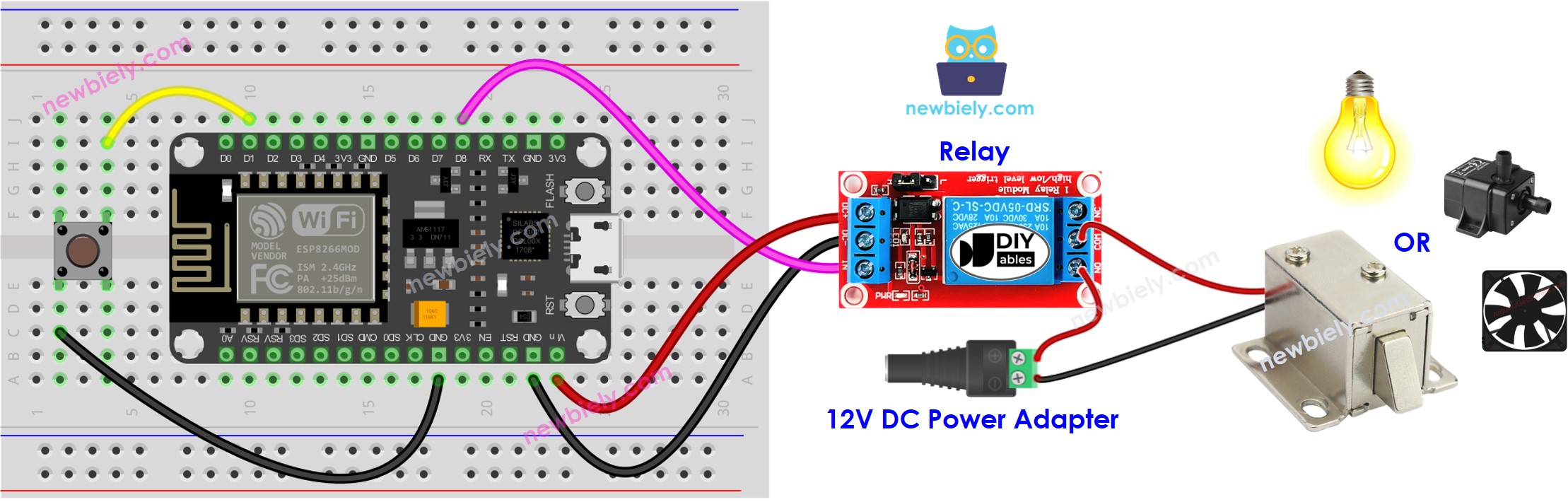 The wiring diagram between ESP8266 NodeMCU and Button relay