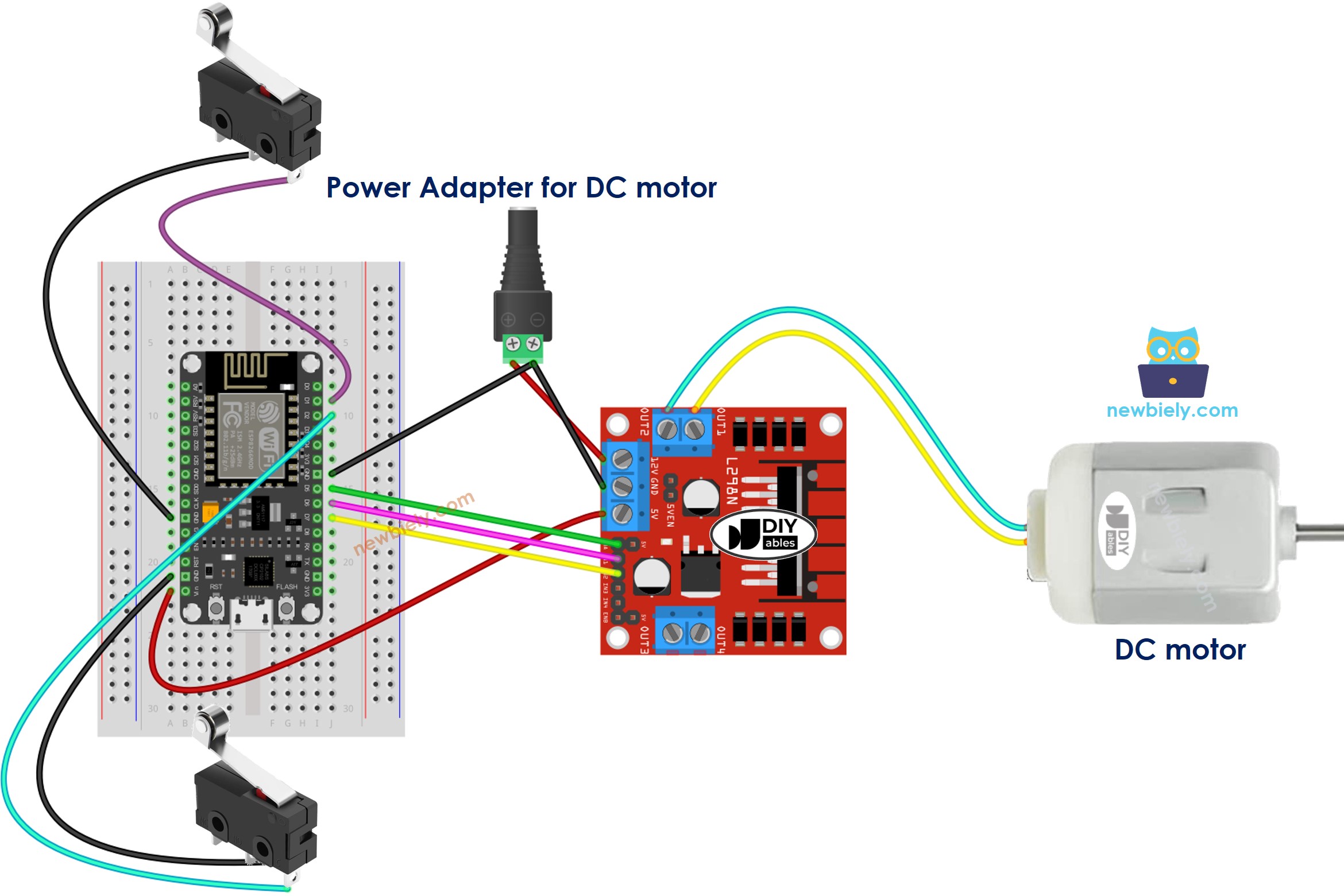 The wiring diagram between ESP8266 NodeMCU and DC motor and two limit switches