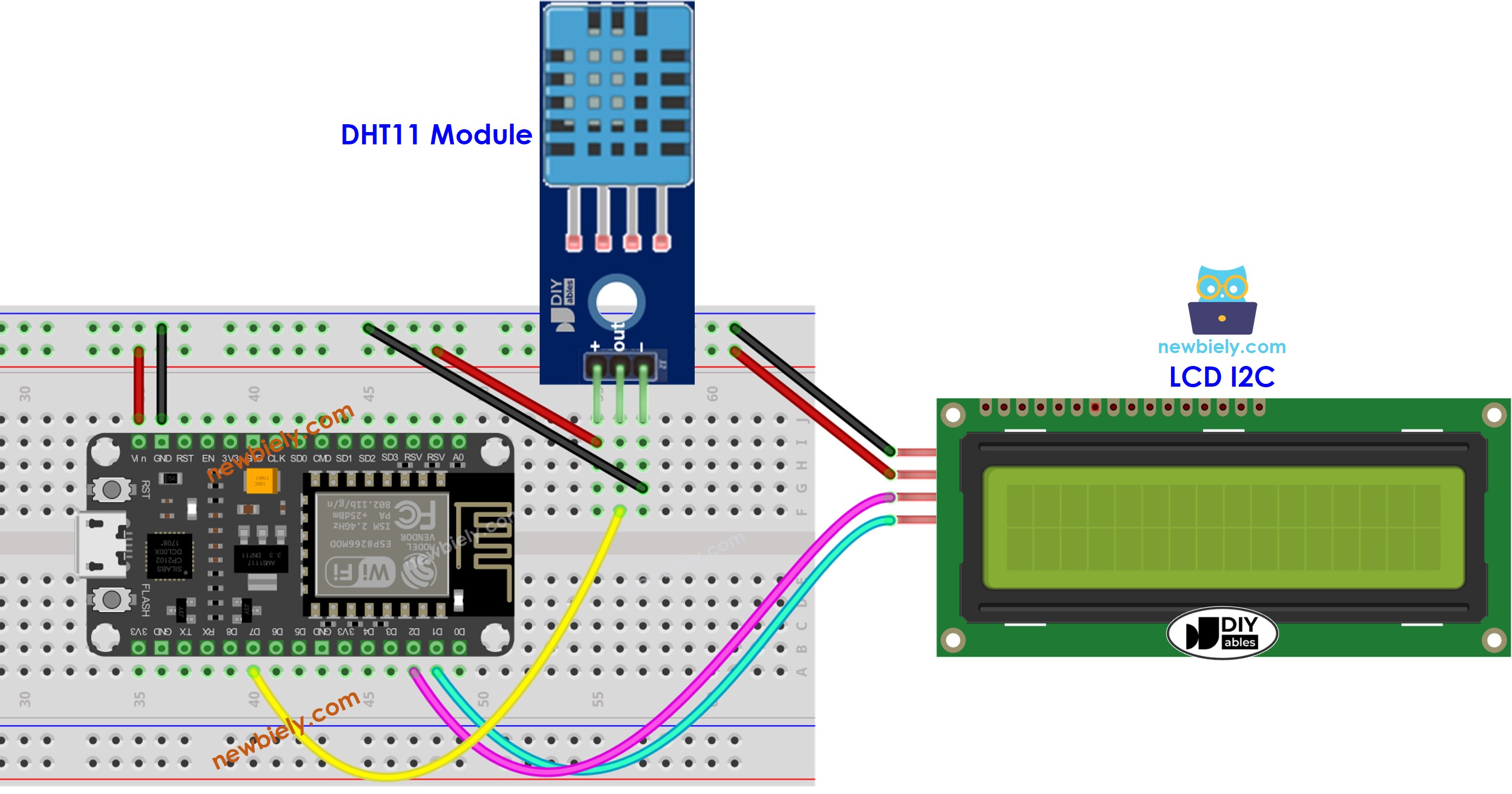 The wiring diagram between ESP8266 NodeMCU and DHT11 temperature and humidity LCD