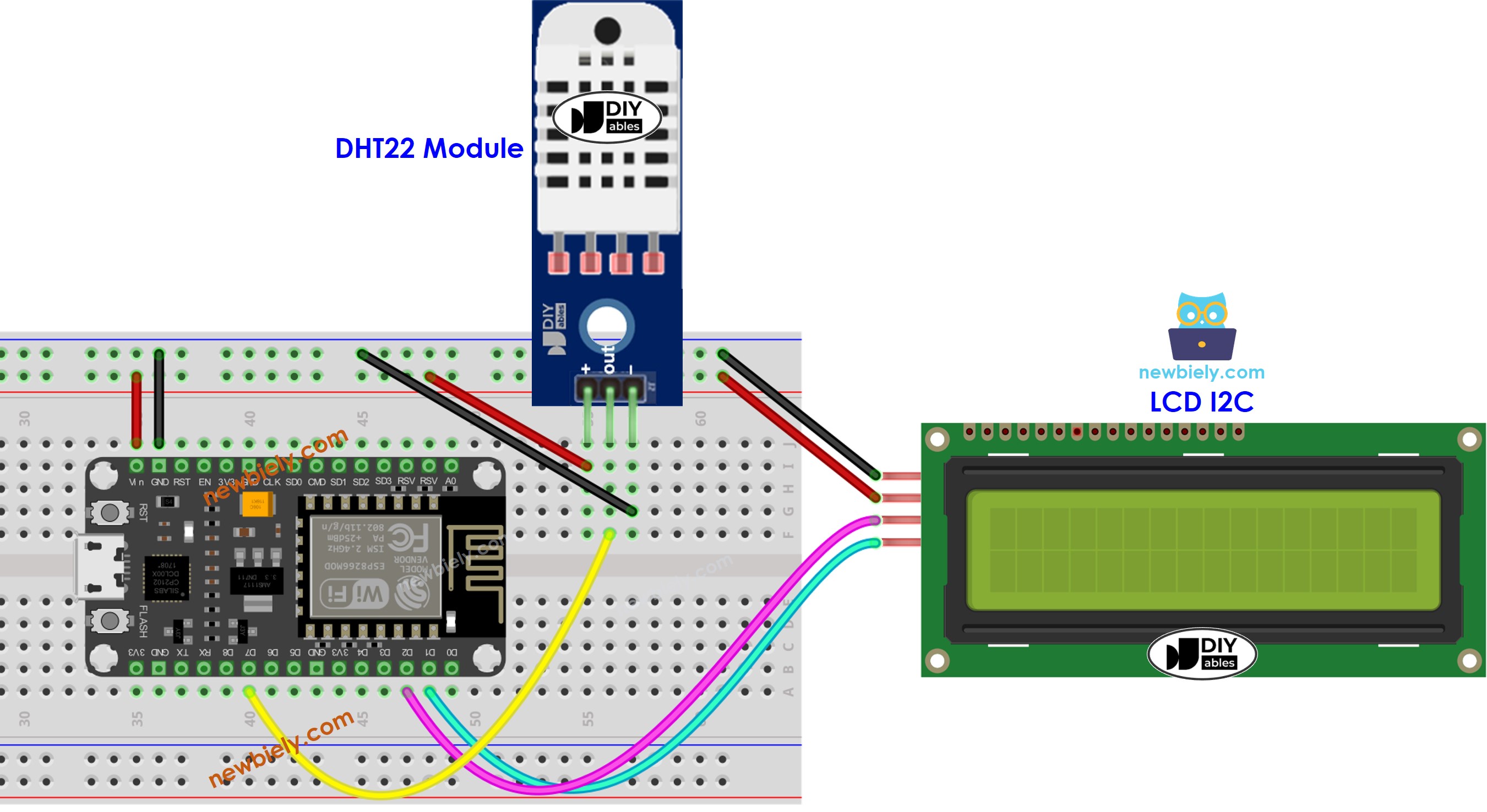 The wiring diagram between ESP8266 NodeMCU and DHT22 temperature and humidity LCD