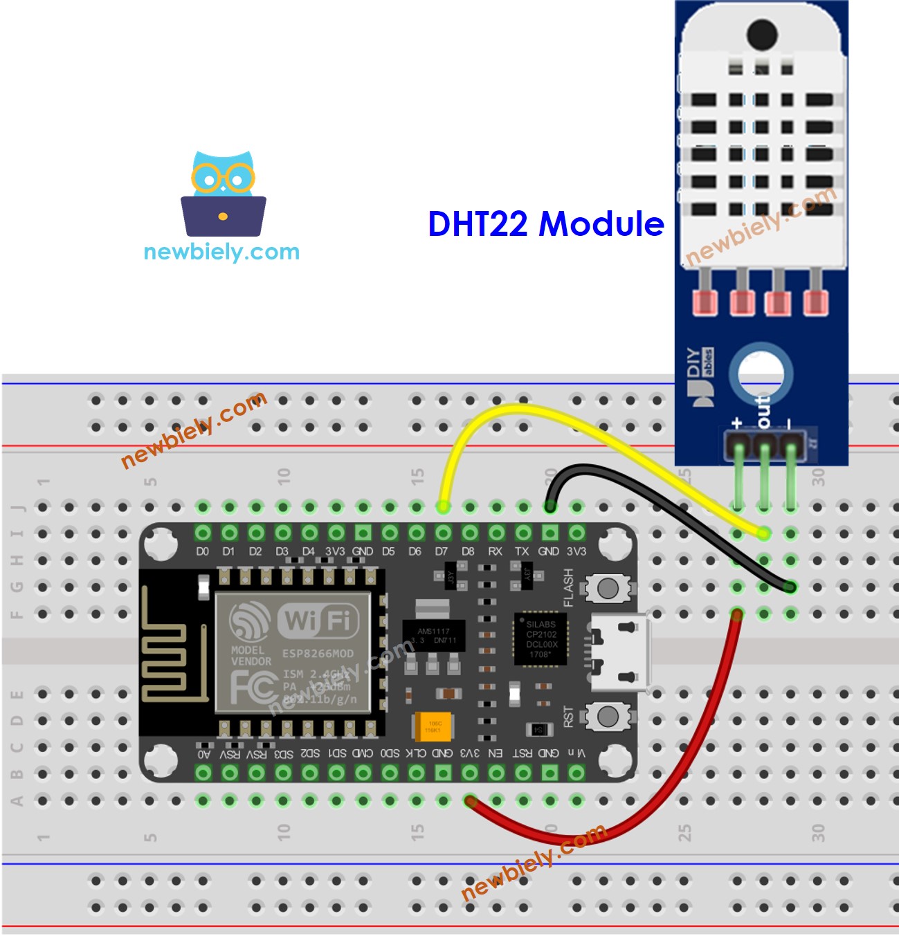 The wiring diagram between ESP8266 NodeMCU and DHT22 Temperature and humidity Module