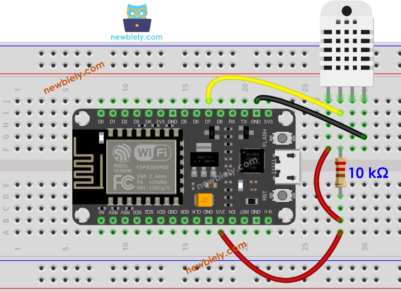 The wiring diagram between ESP8266 NodeMCU and DHT22 Temperature and humidity Sensor