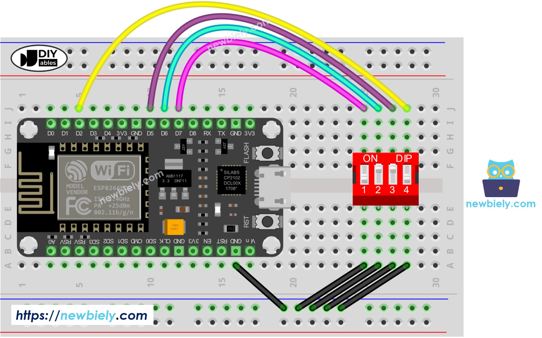 The wiring diagram between ESP8266 NodeMCU and DIP switch