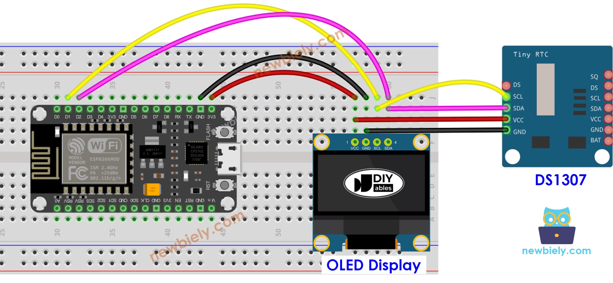 The wiring diagram between ESP8266 NodeMCU and DS1307 OLED