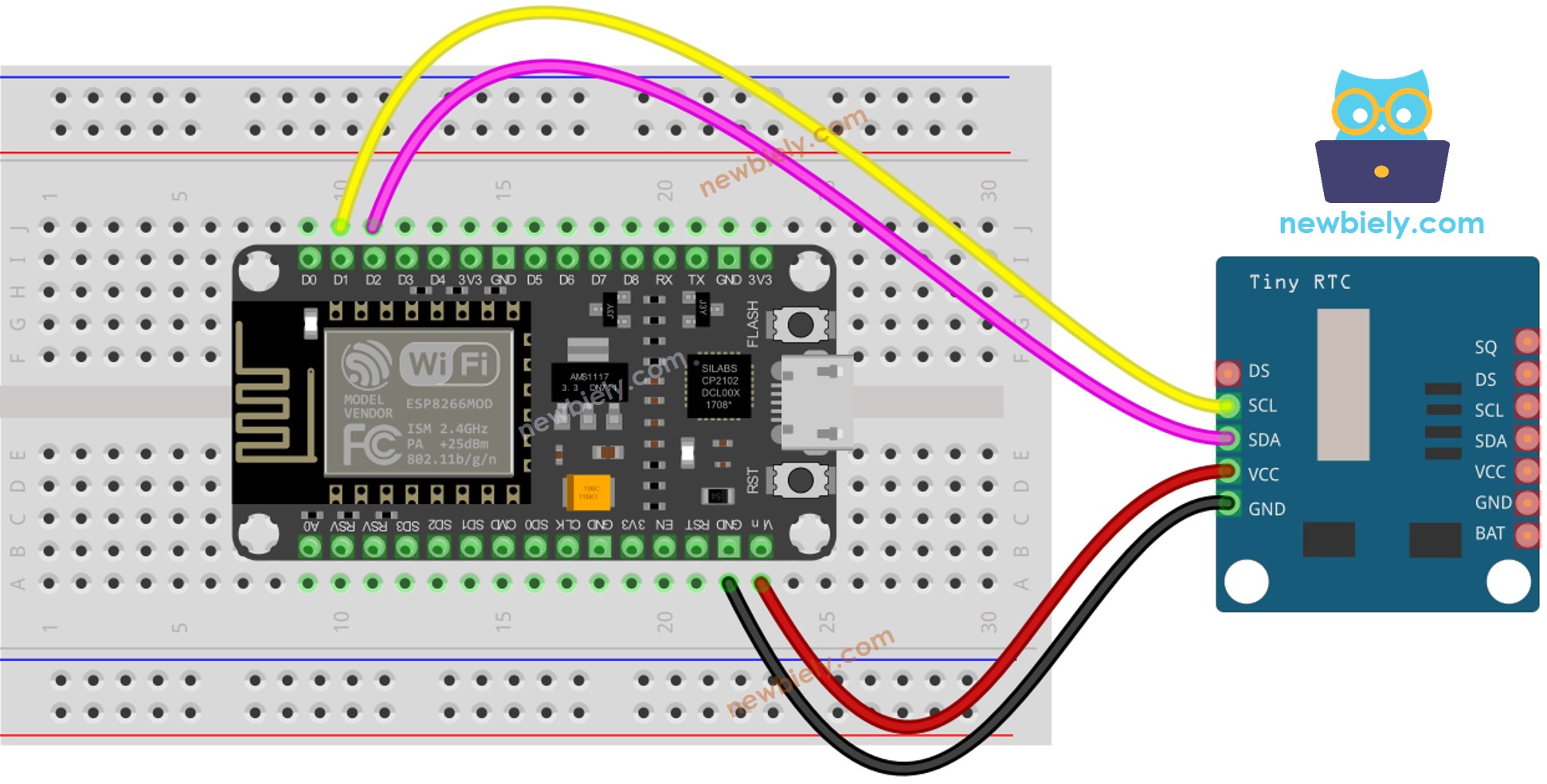The wiring diagram between ESP8266 NodeMCU and Real-Time Clock DS1307