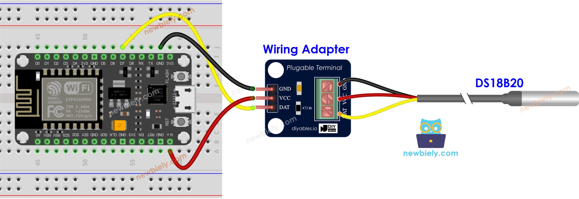 The wiring diagram between ESP8266 NodeMCU and Web Server DS18B20 Temperature Sensor