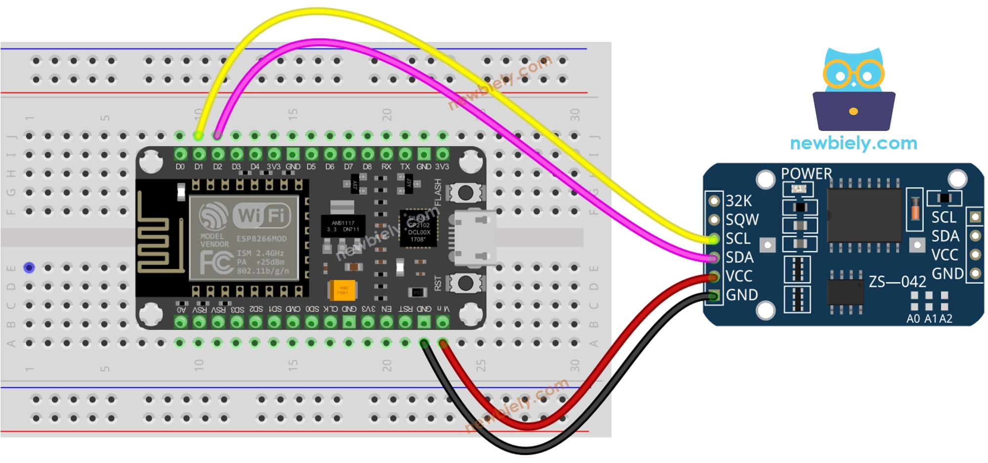 The wiring diagram between ESP8266 NodeMCU and Real-Time Clock DS3231