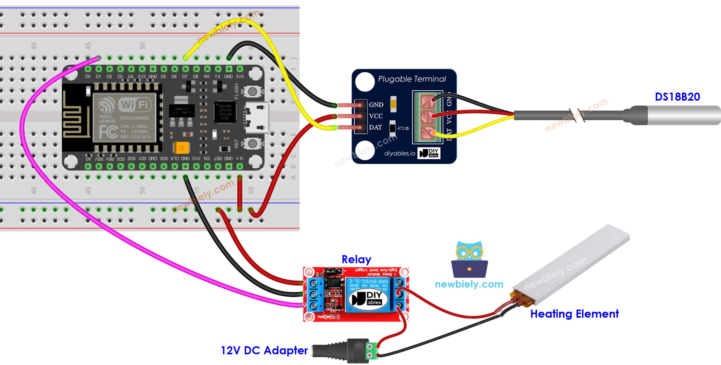The wiring diagram between ESP8266 NodeMCU and heating system