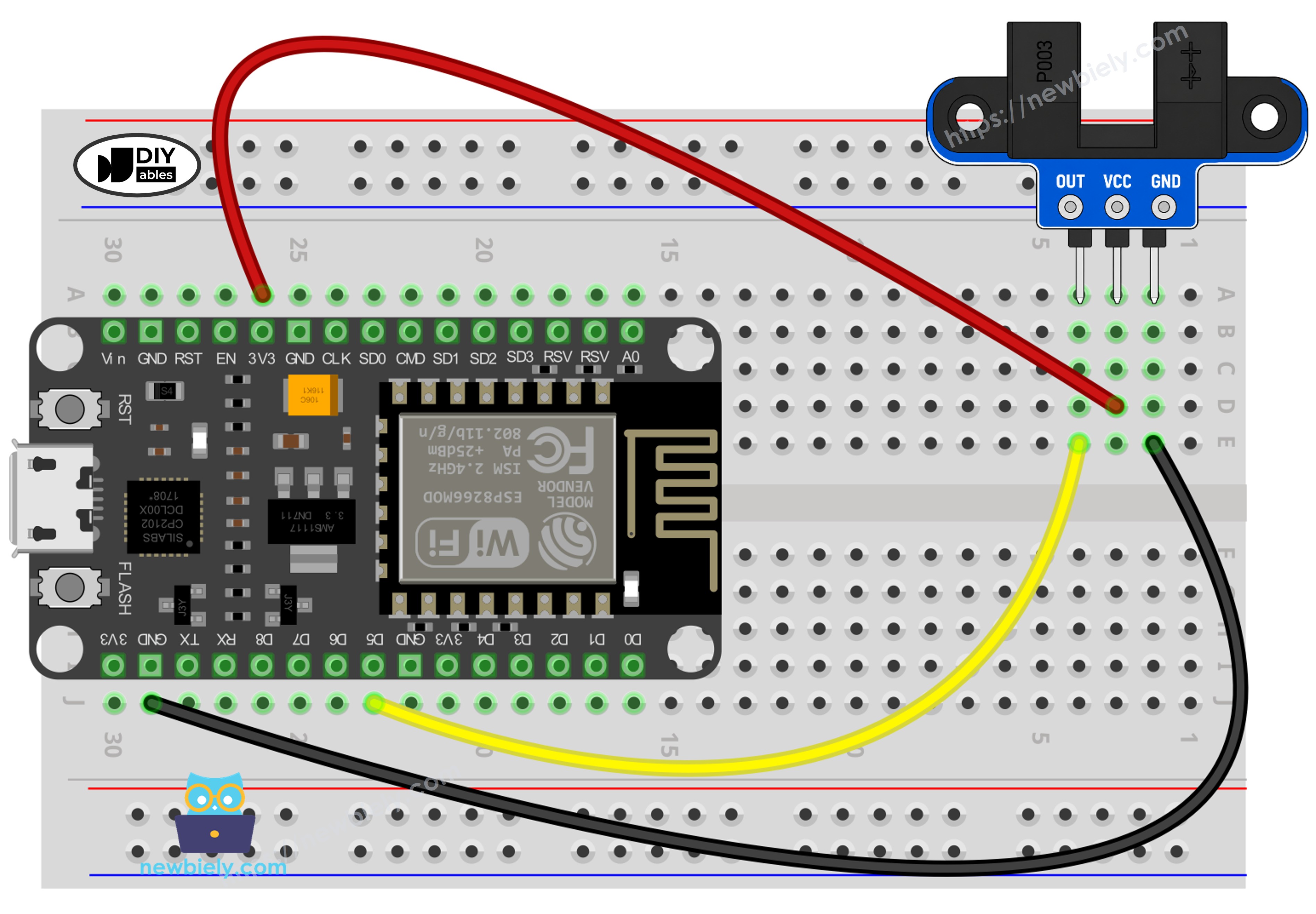 The wiring diagram between ESP8266 NodeMCU and NodeMCU IR Slotted Optical Speed Sensor