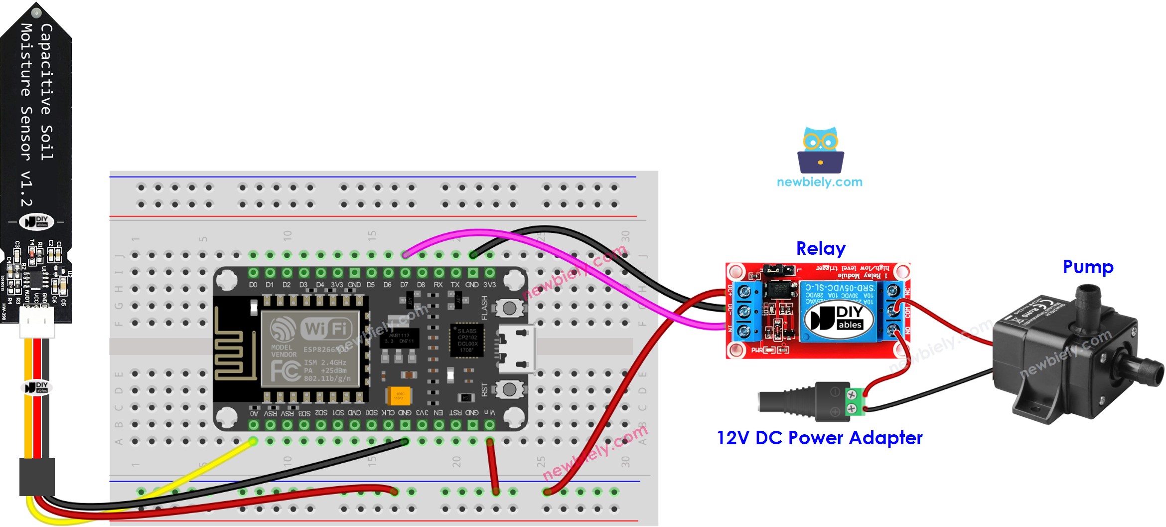 The wiring diagram between ESP8266 NodeMCU and soil moisture sensor Pump