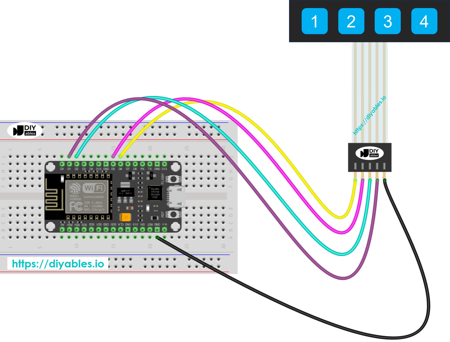 The wiring diagram between ESP8266 NodeMCU and Keypad 1x4