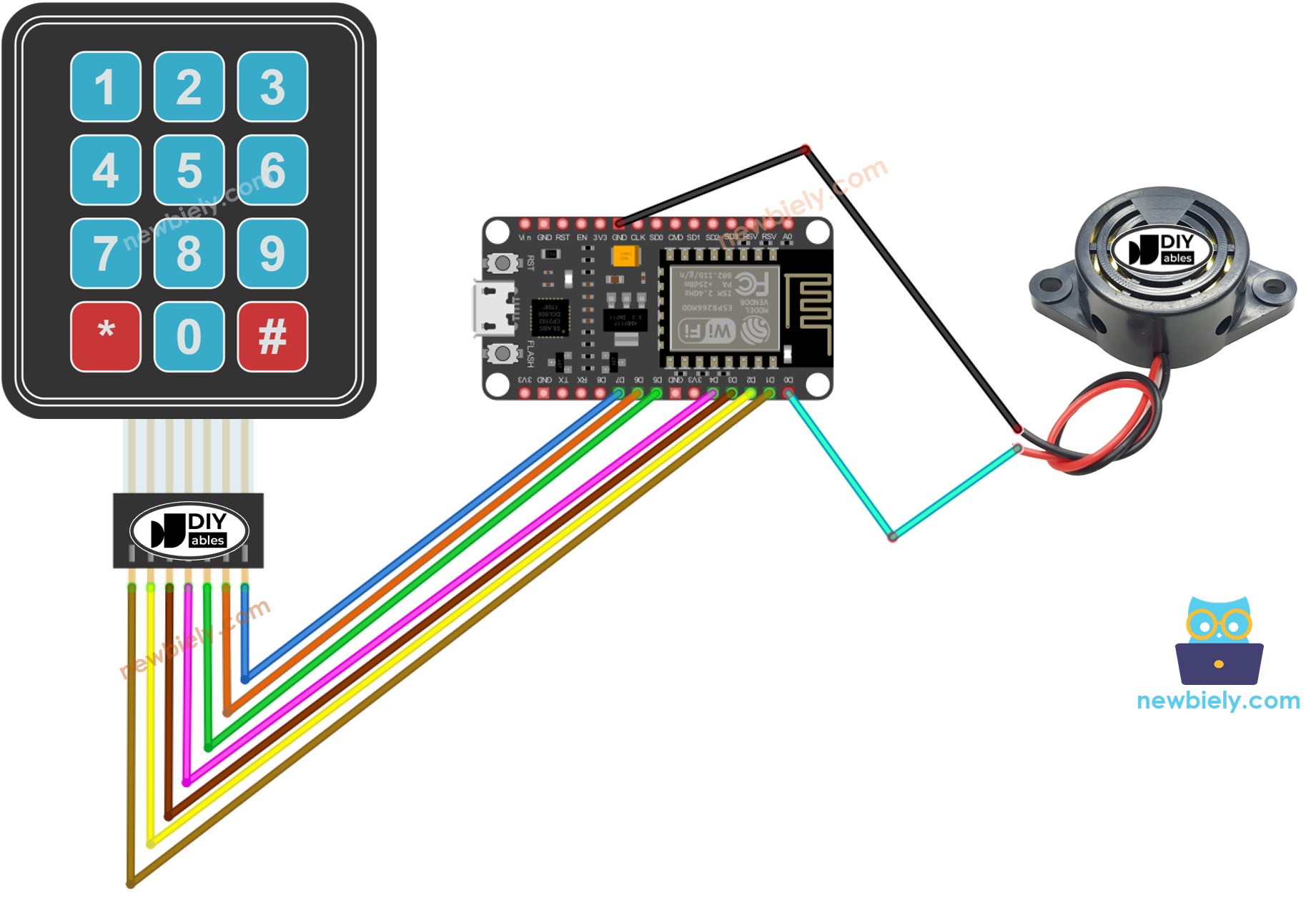 The wiring diagram between ESP8266 NodeMCU and keypad piezo buzzer