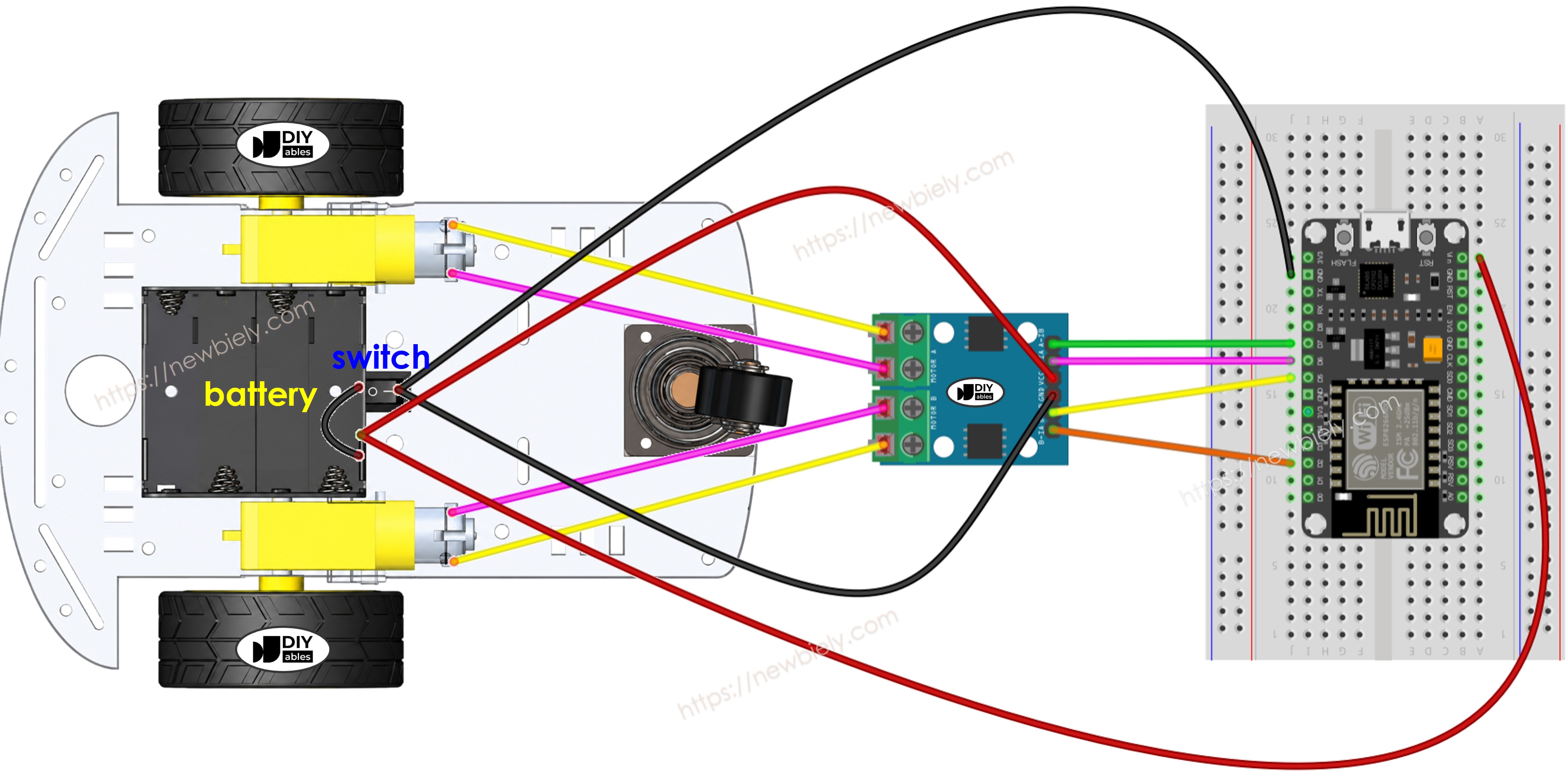 The wiring diagram between ESP8266 NodeMCU and 2WD RC Car