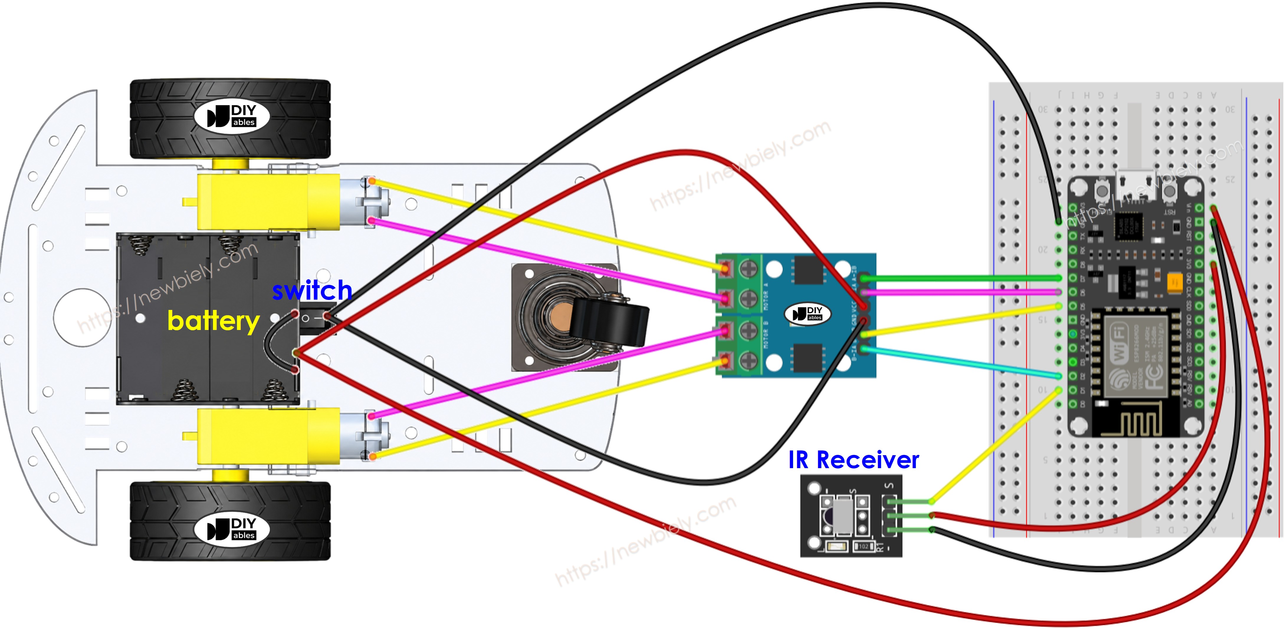 The wiring diagram between ESP8266 NodeMCU and 2WD car