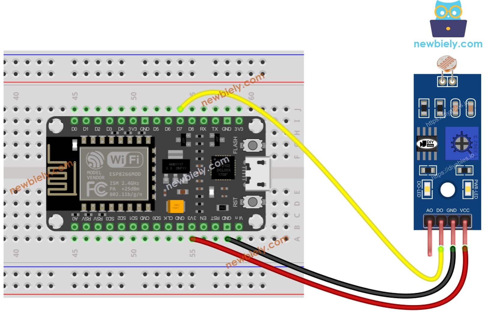 The wiring diagram between ESP8266 NodeMCU and LDR Light Sensor Module