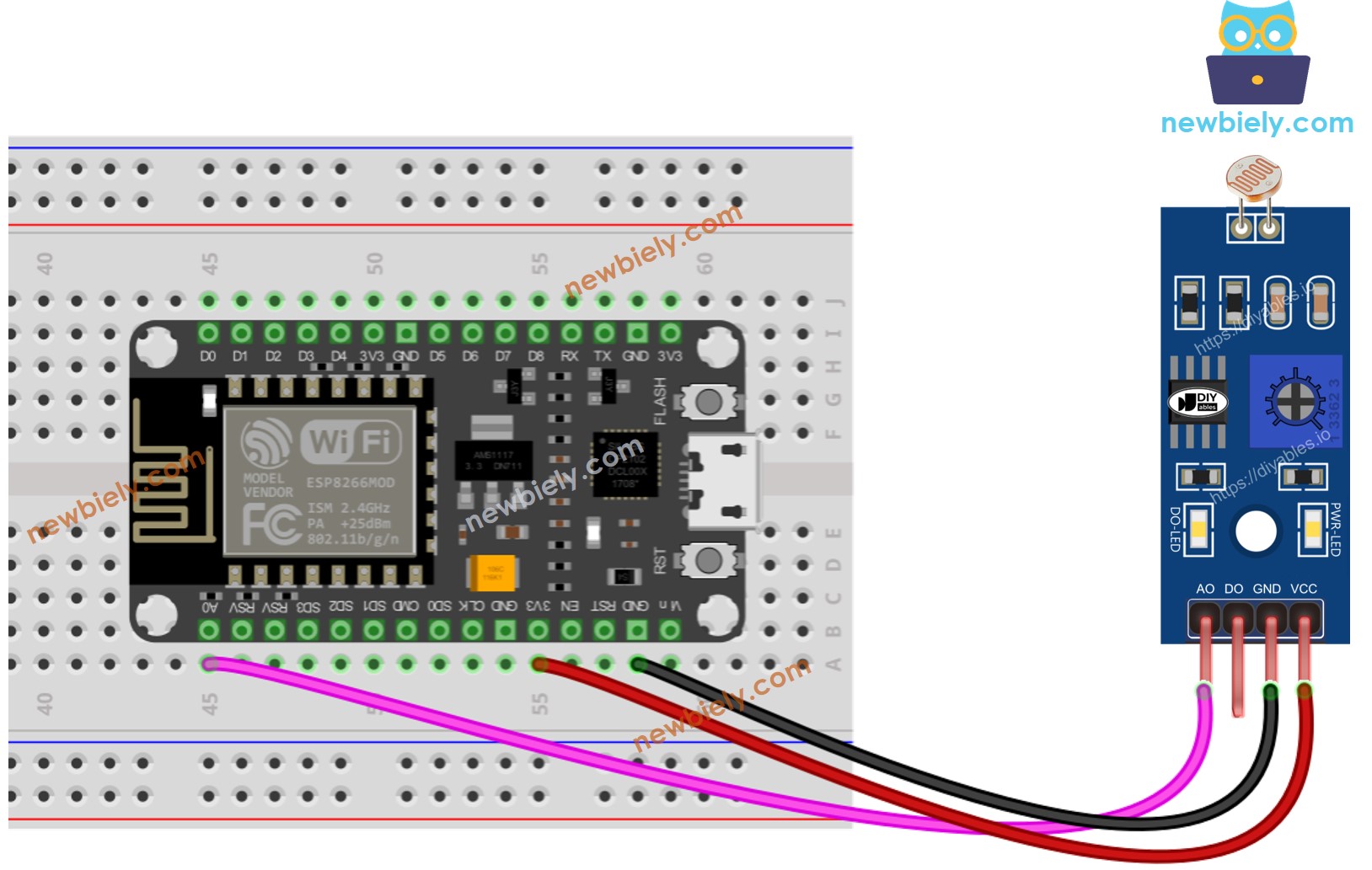 The wiring diagram between ESP8266 NodeMCU and LDR Module