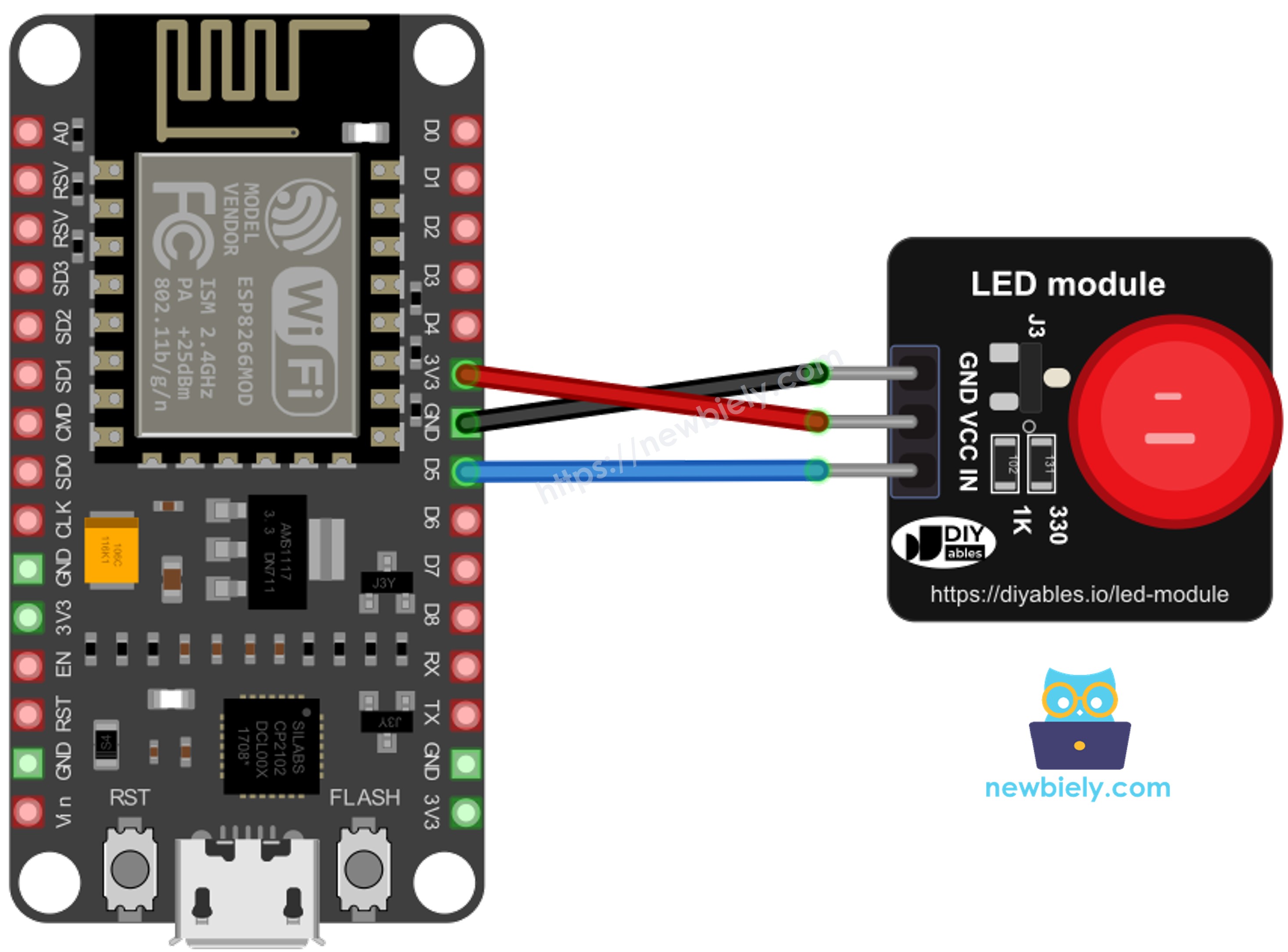 The wiring diagram between ESP8266 NodeMCU and NodeMCU LED module
