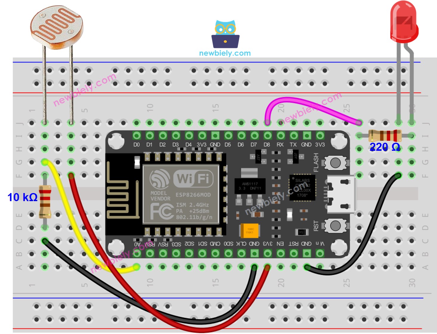 The wiring diagram between ESP8266 NodeMCU and Light Sensor LED