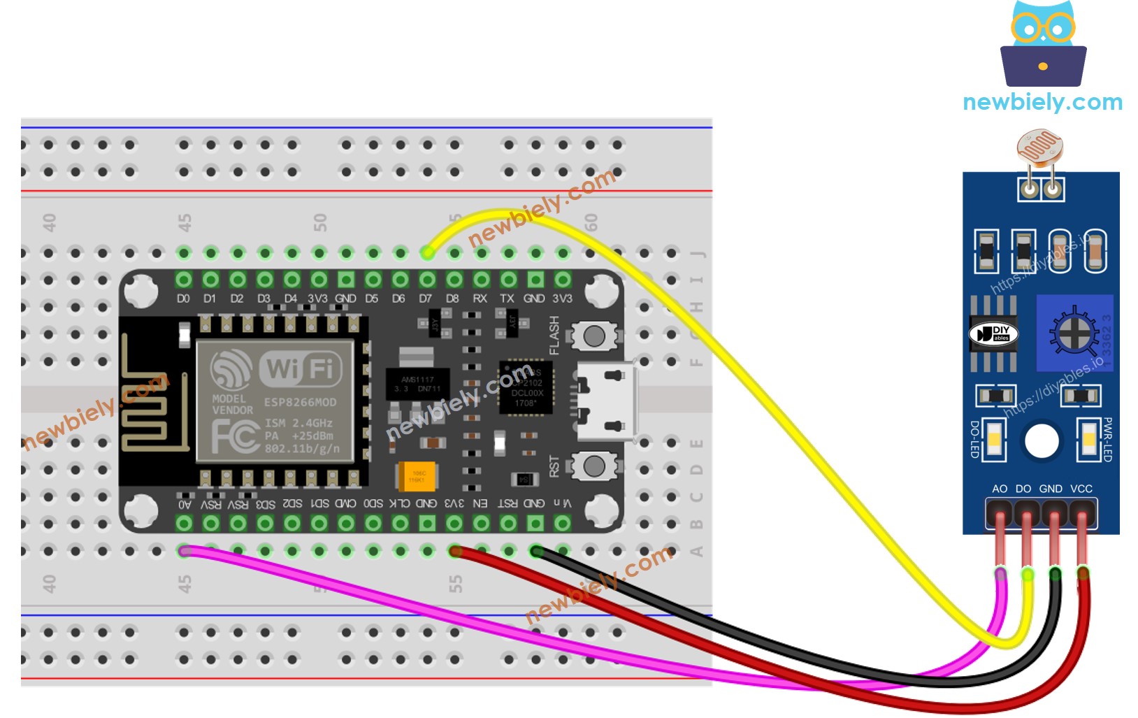 The wiring diagram between ESP8266 NodeMCU and Light Sensor Module