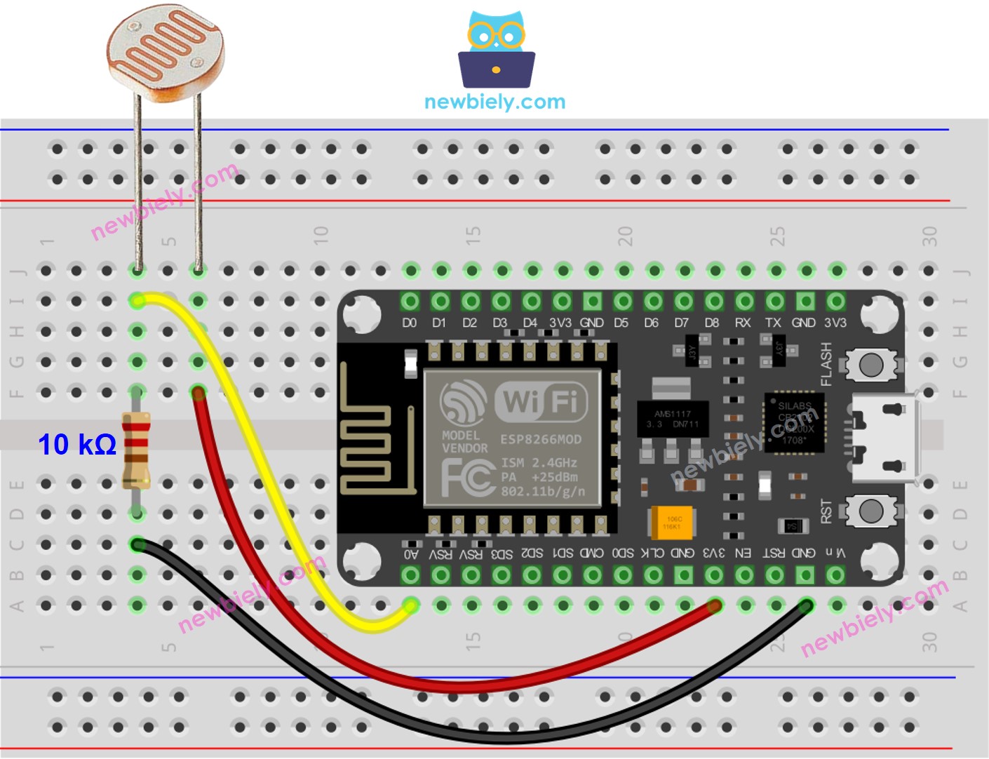 The wiring diagram between ESP8266 NodeMCU and Light Sensor