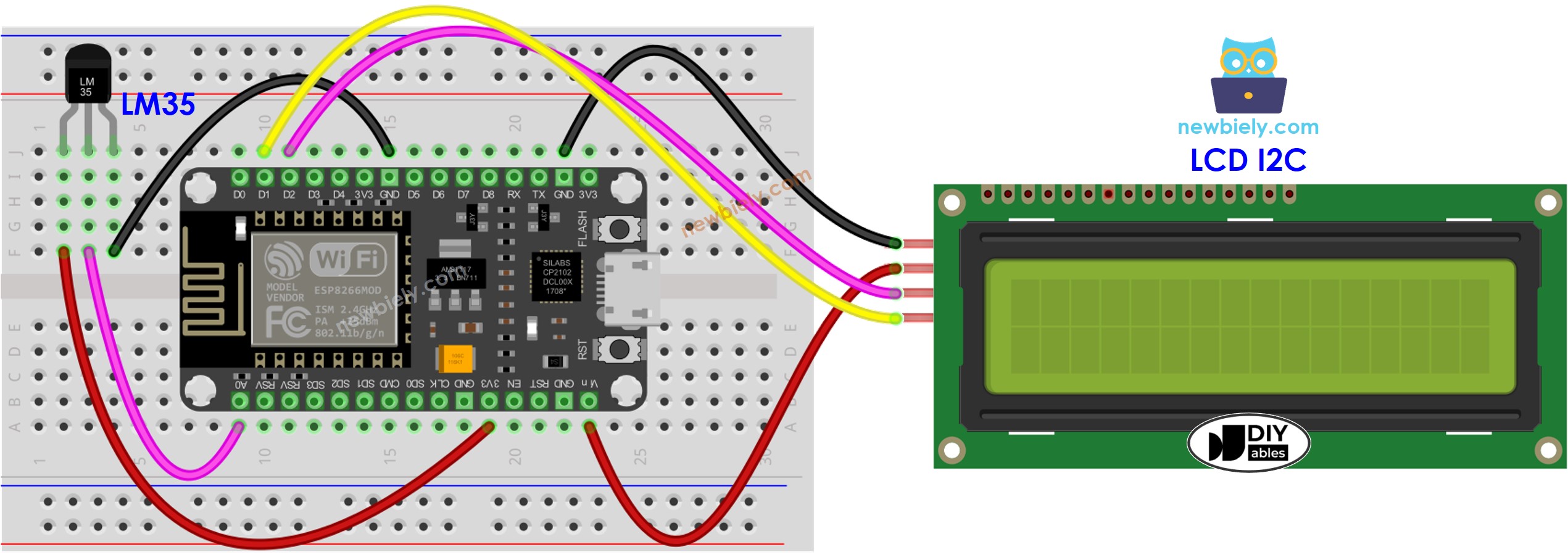 The wiring diagram between ESP8266 NodeMCU and LM35 Temperature Sensor LCD