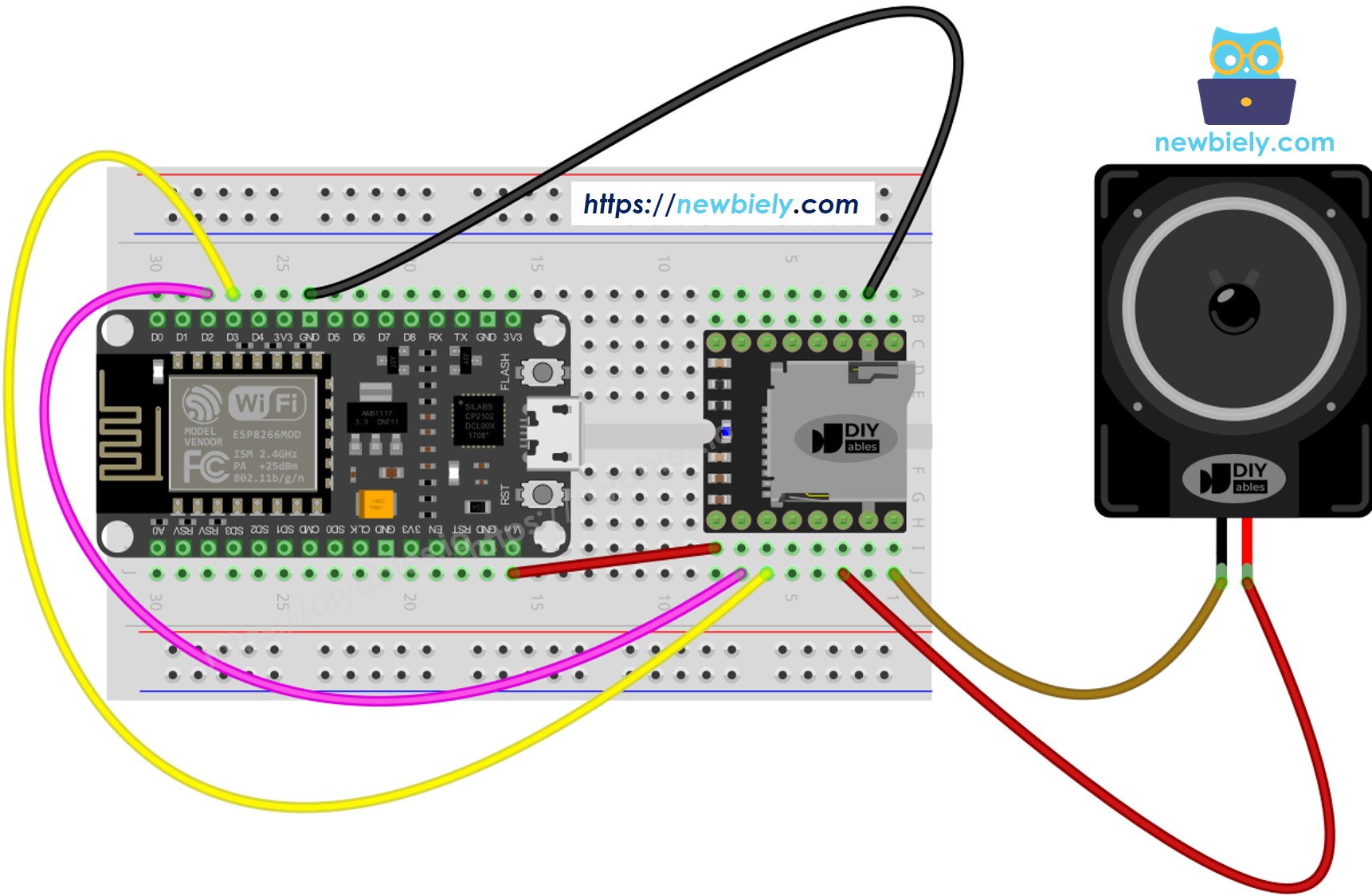 The wiring diagram between ESP8266 NodeMCU and Mini Mp3 Player