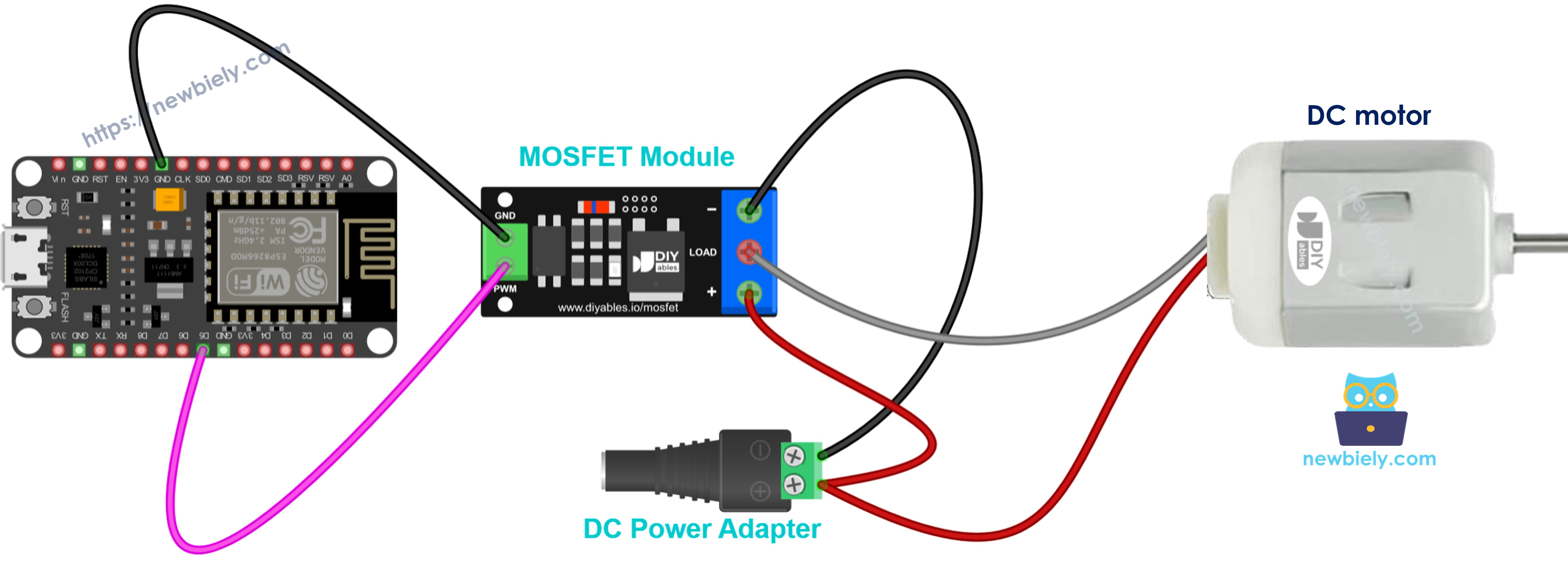 The wiring diagram between MOSFET module with a 12V DC motor