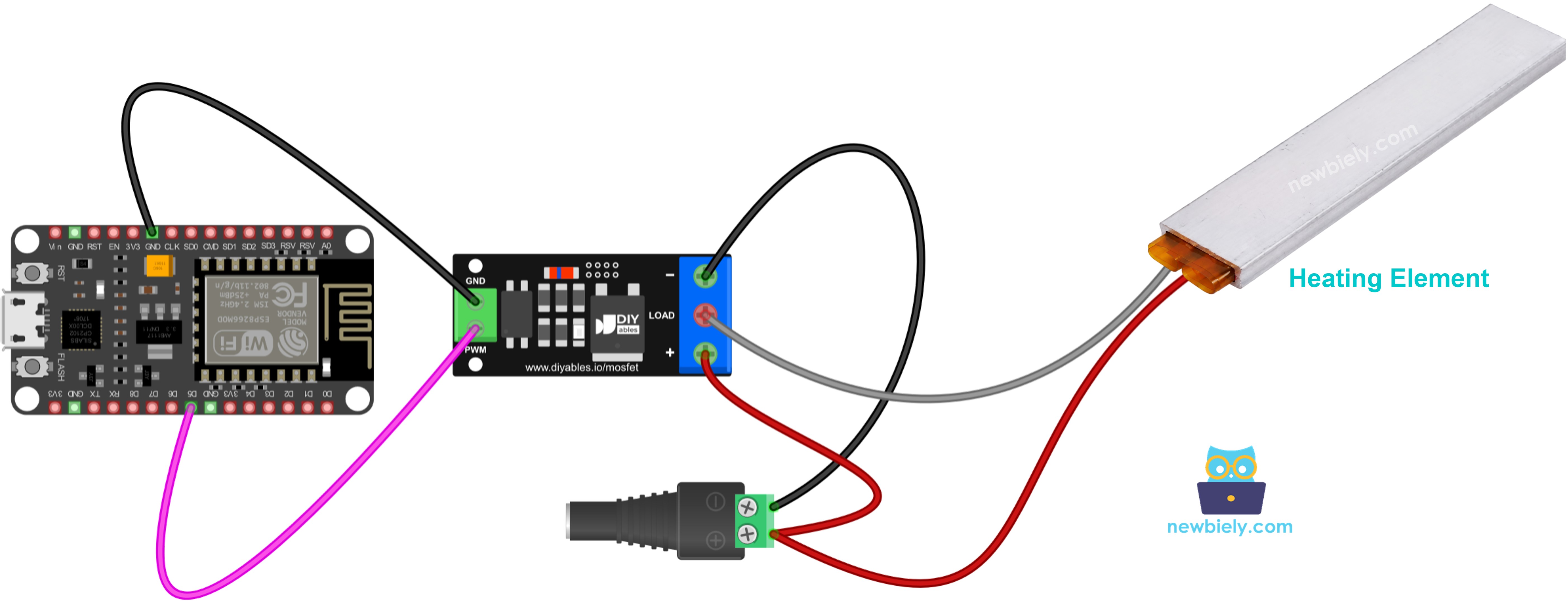 The wiring diagram between ESP8266 NodeMCU and NodeMCU heating element MOSFET module